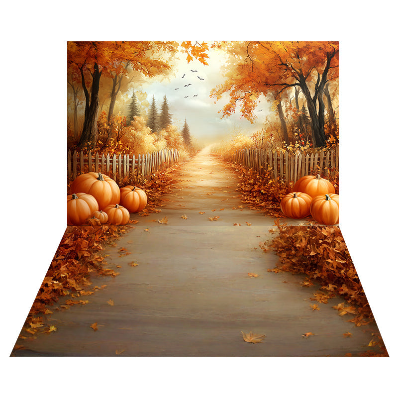 Goldener Herbstweg Foto Hintergrund + Herbstblätter-Holzboden Foto Hintergrund MRR8-172