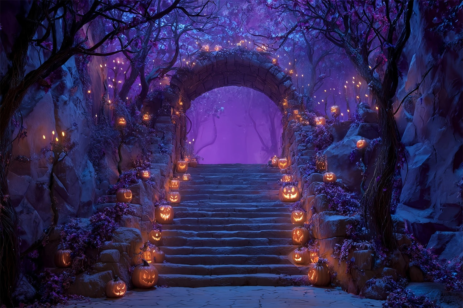Gespenstische Halloween Hintergrundkulisse Verzauberte lila Waldtreppe Halloween Foto Hintergrund MRR8-18