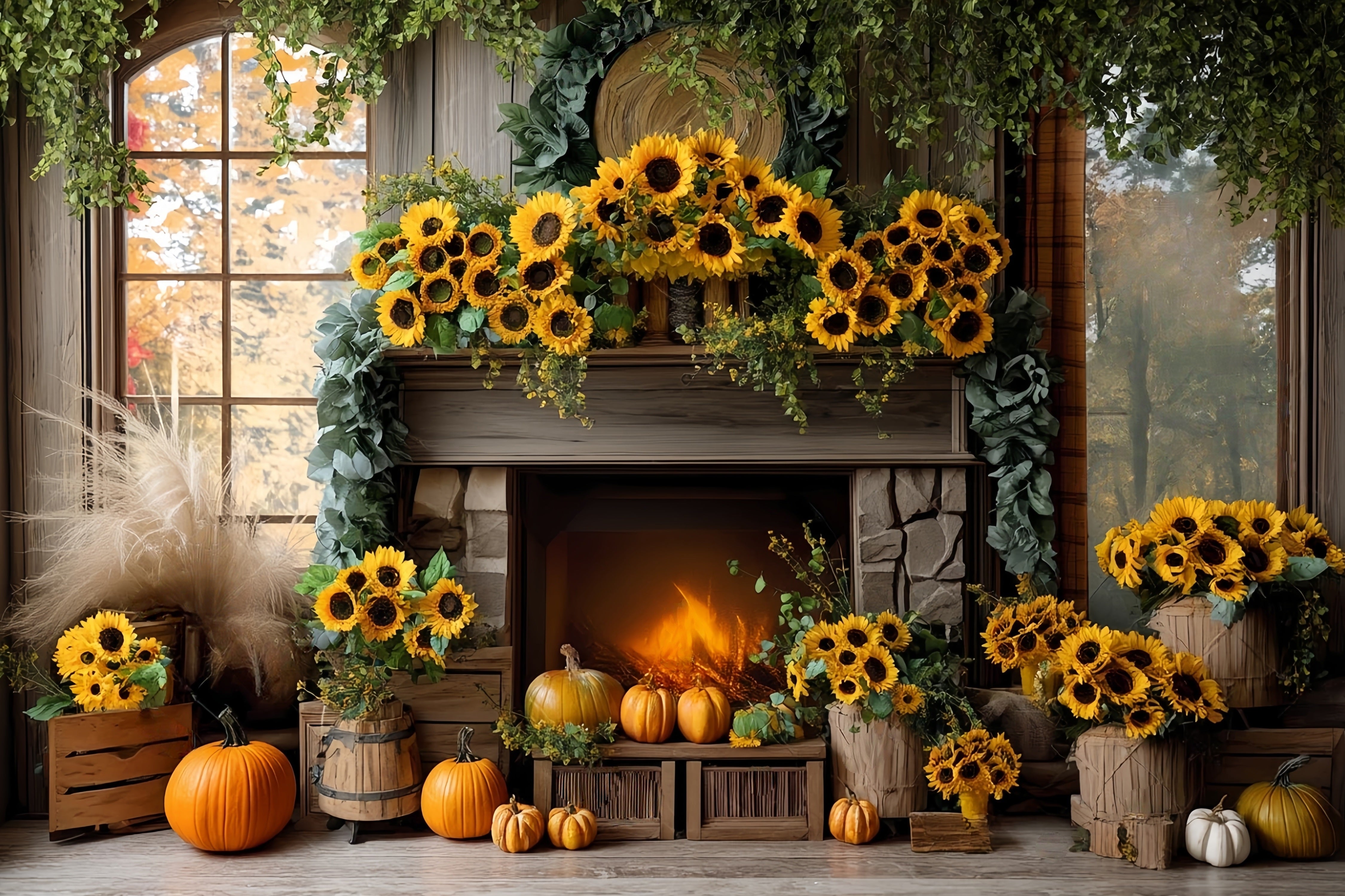 Fall Backdrop Sunflower Fireplace Door Pumpkin Autumn Fall Backdrop MRR8-183