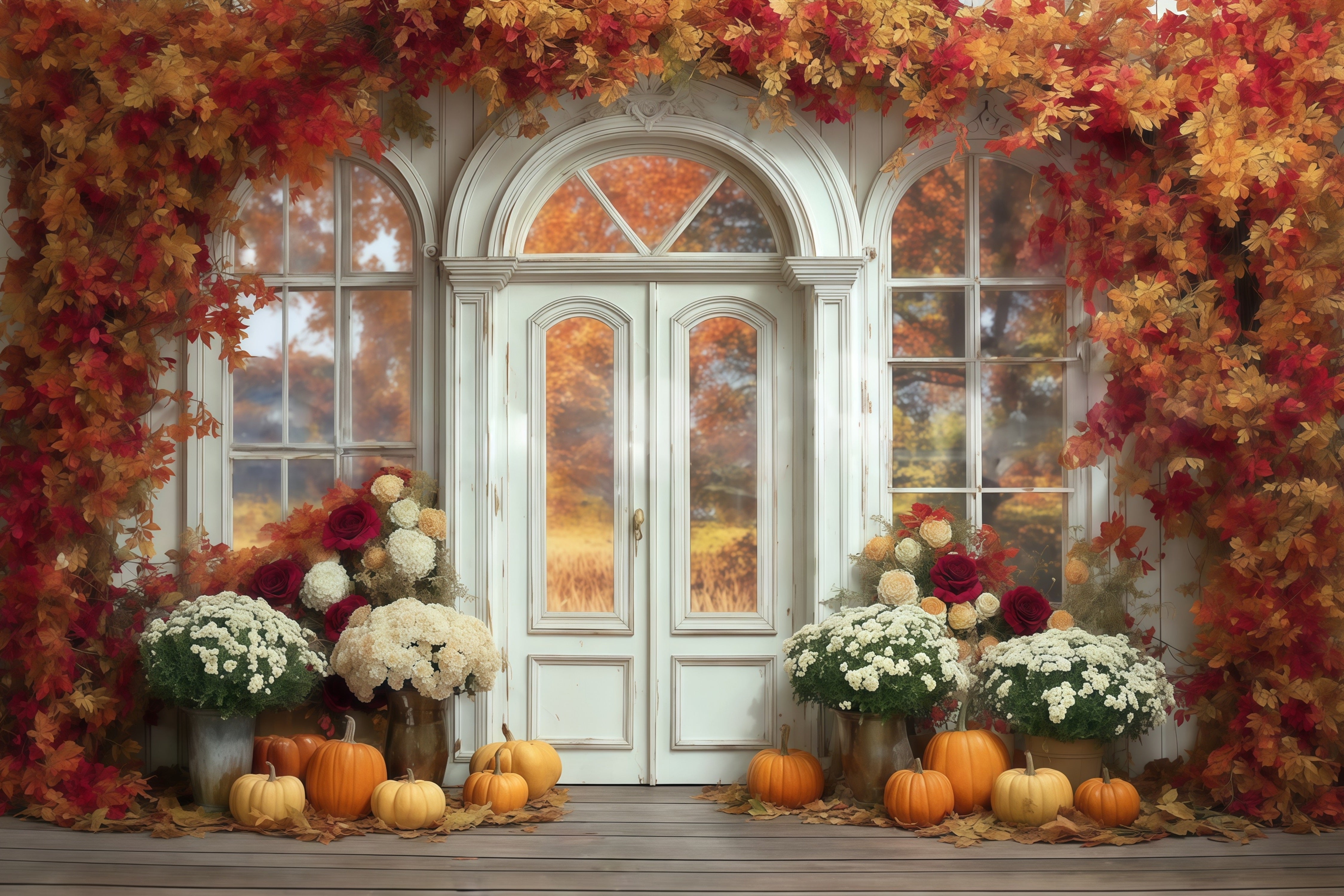 Fall Leaves Backdrop Maple Arch Door Pumpkin Autumn Photo Backdrop MRR8-184