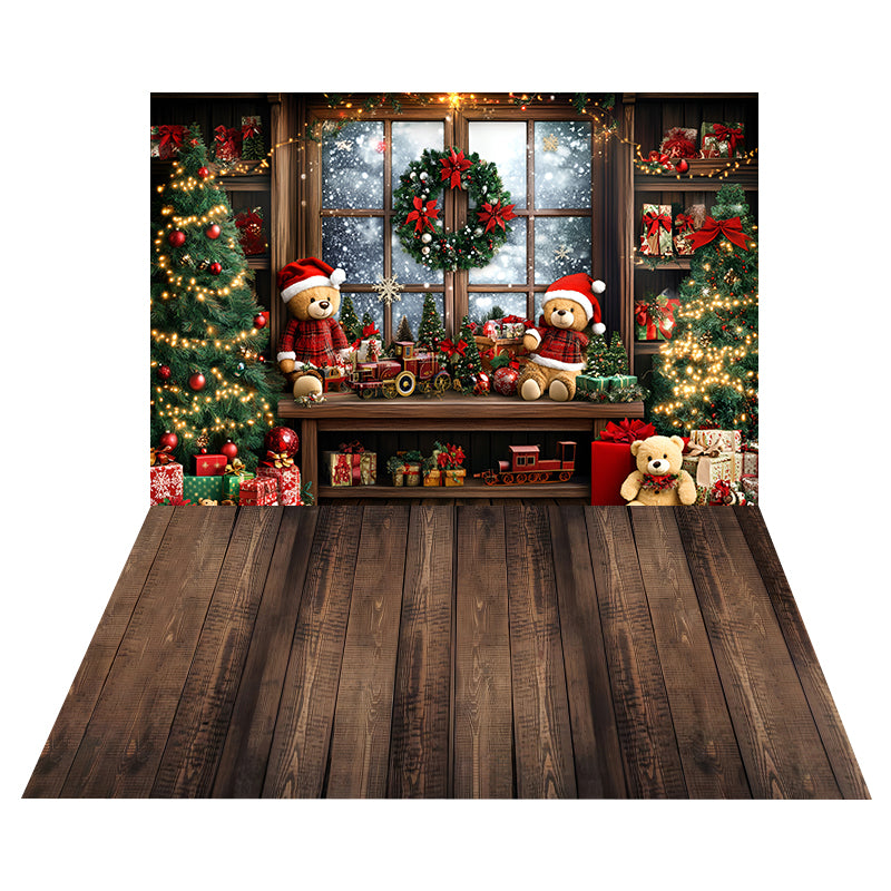 Teddybär-Zug-Fenster-Foto Hintergrund + rustikaler brauner BodenFoto Hintergrund MRR8-190