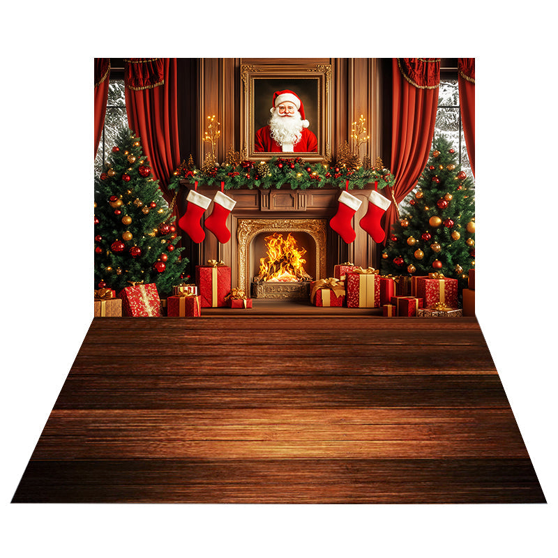 Weihnachtsmann-Kaminstrümpfe-Foto Hintergrund + rustikaler Holzboden-Foto Hintergrund MRR8-212