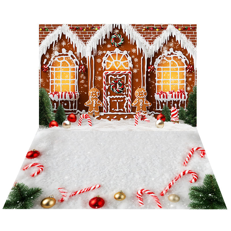 Lebkuchen-Zuckerstangenhaus-Foto Hintergrund + Weihnachtsstock-Boden-Foto Hintergrund MRR8-213