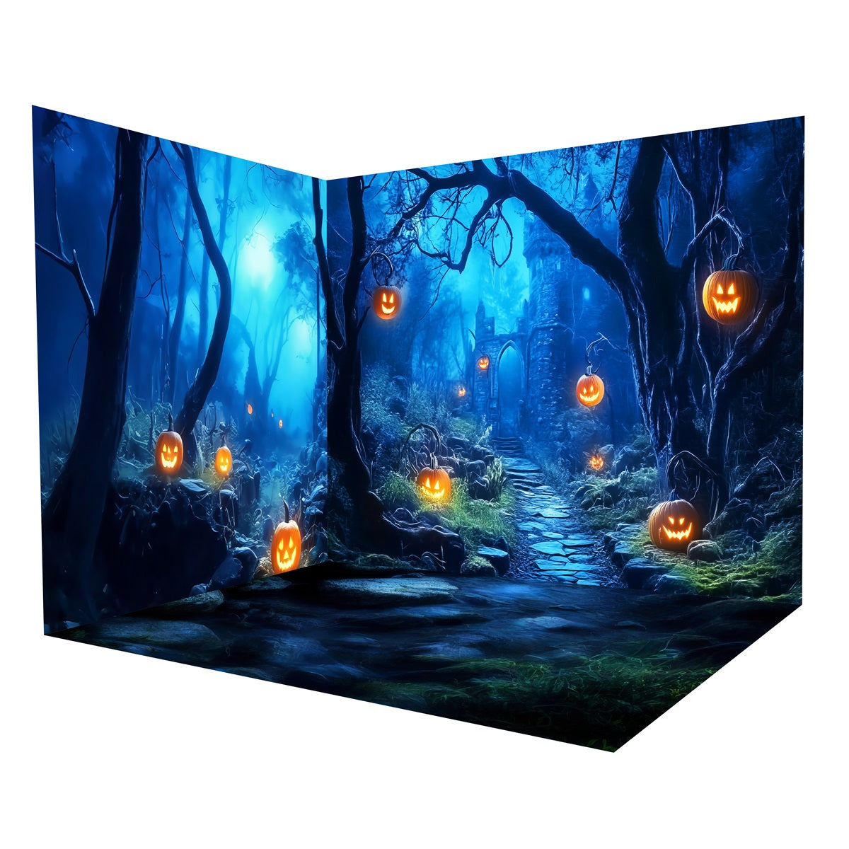 Halloween-Kulisse: Blauer Zauberwald, Kürbisse-Kulissen-Raumset MRR8-257