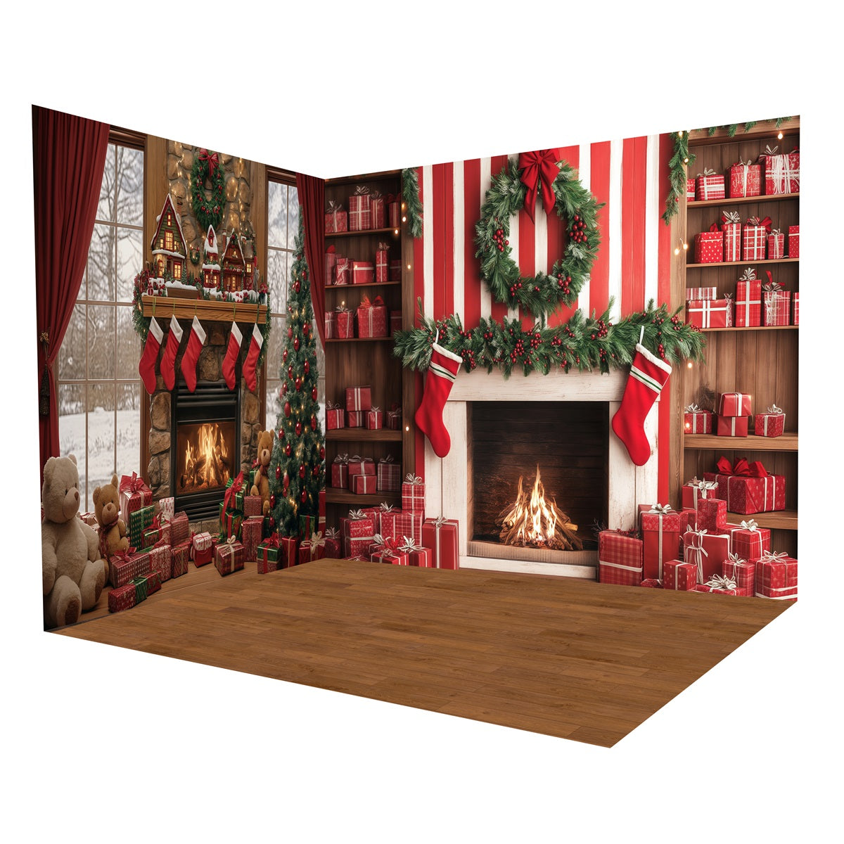 Weihnachtsfotohintergrund Gemütlicher Kamin FensterFotohintergrund Raumset MRR8-277