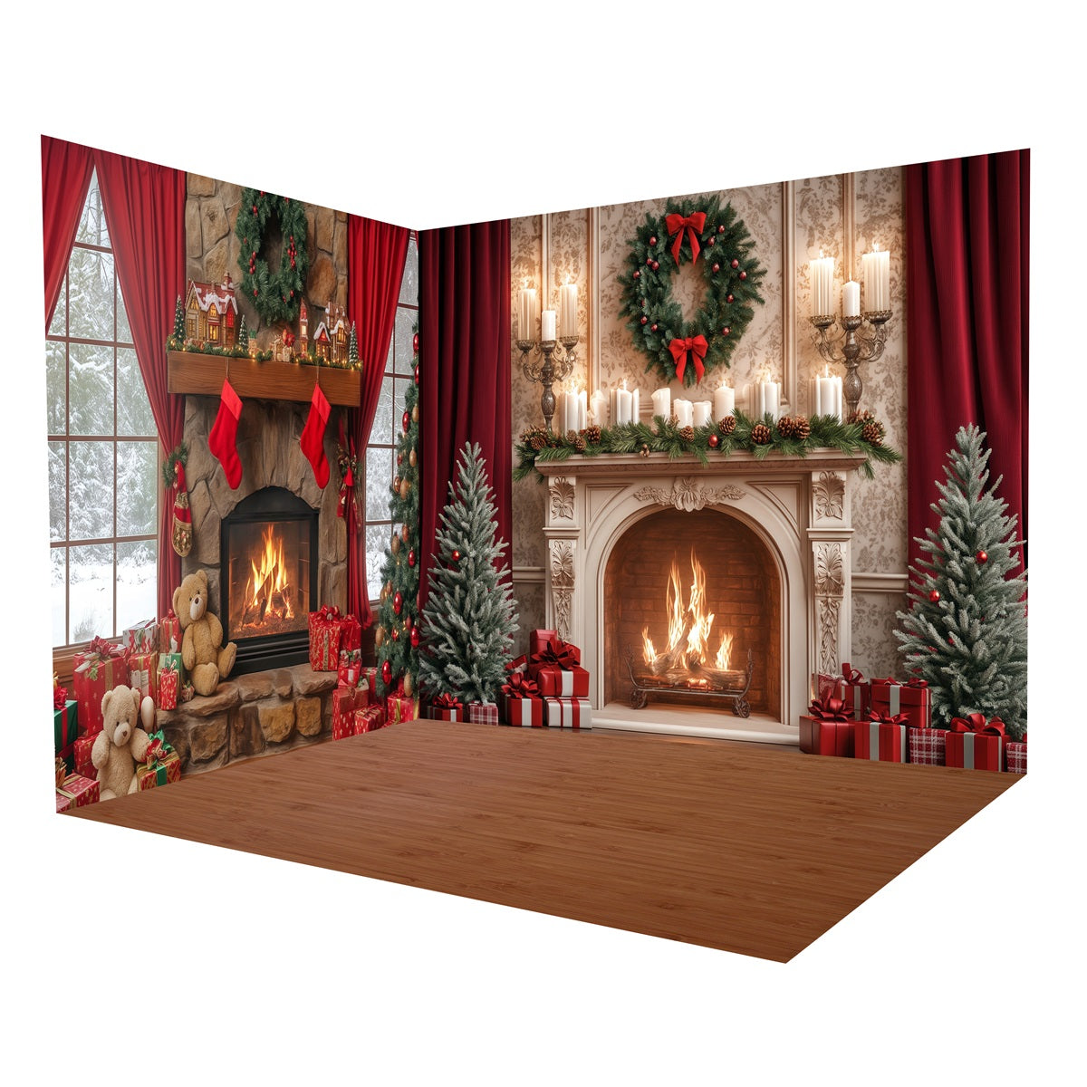 Weihnachtsfotohintergrund Verschneites Fenster KaminFotohintergrund Raumset MRR8-279