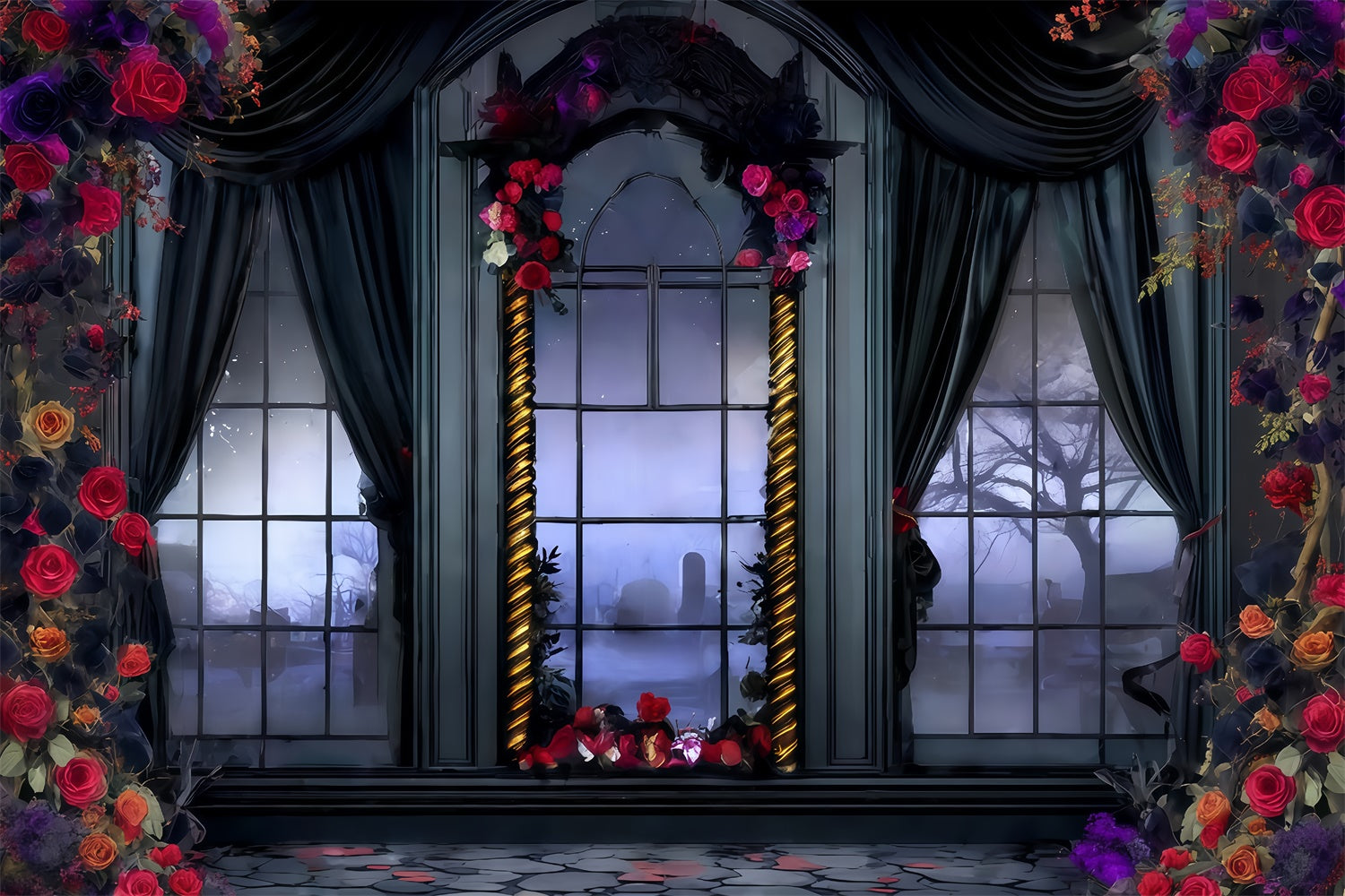 Halloween Fotokulisse Viktorianische Rose Drapiertes Fenster Halloween Foto Hintergrund MRR8-28