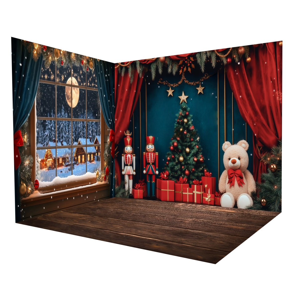 Weihnachtsfotohintergrund Nussknacker-Schnee-Fenster-Mond Fotohintergrund-Raumset MRR8-287