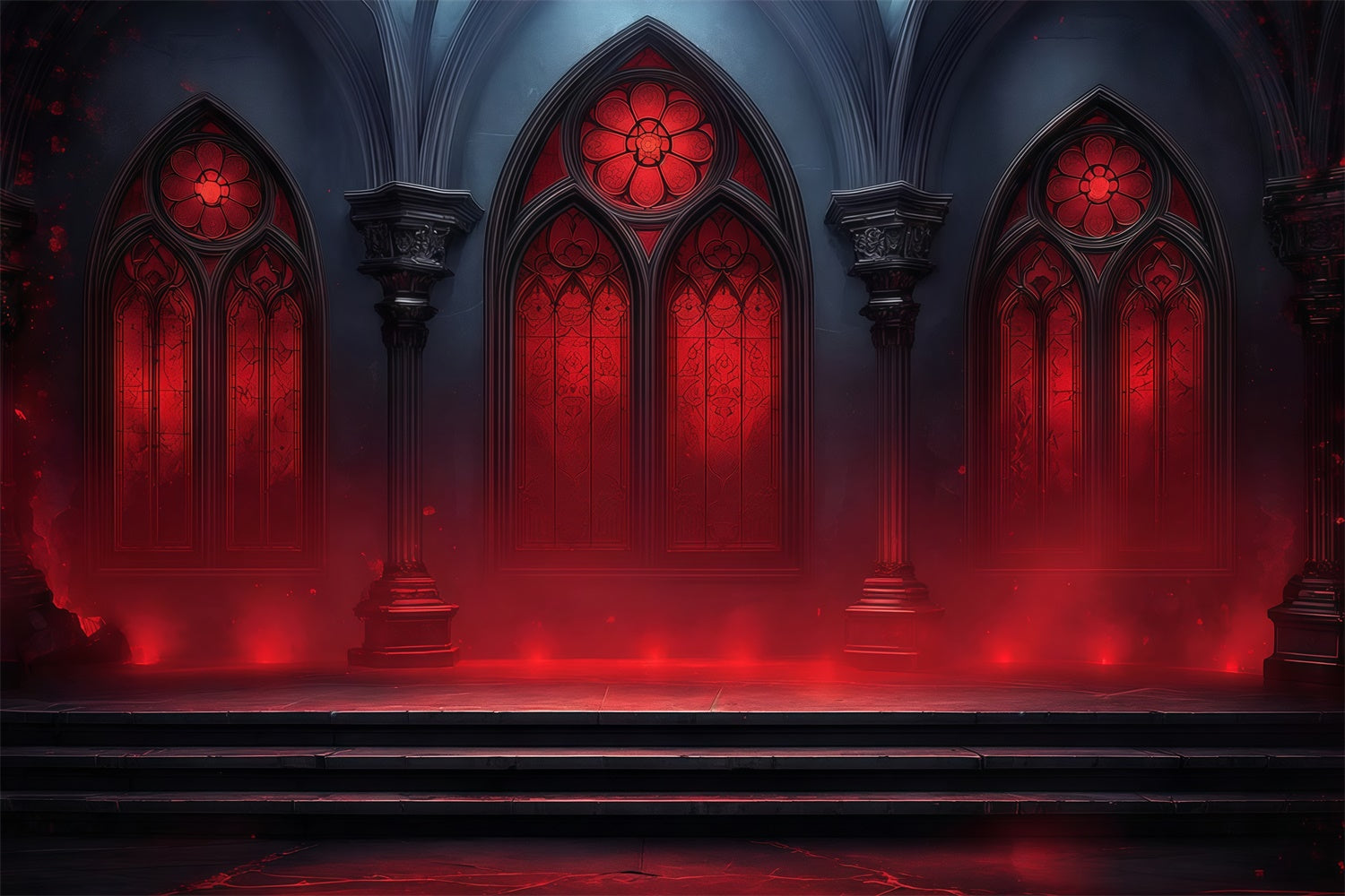 Gruselige Halloween Hintergrundbilder Karmesinrote Kathedrale Fenster leuchten Foto Hintergrund MRR8-31