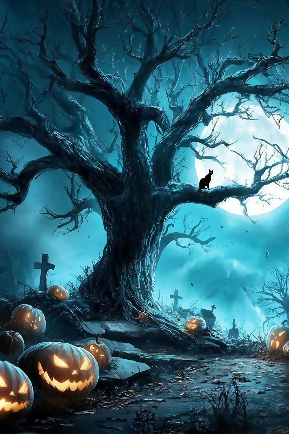 Halloween Friedhof Backdrop Spukwald Grab Vollmond Halloween Foto Hintergrund MRR8-38