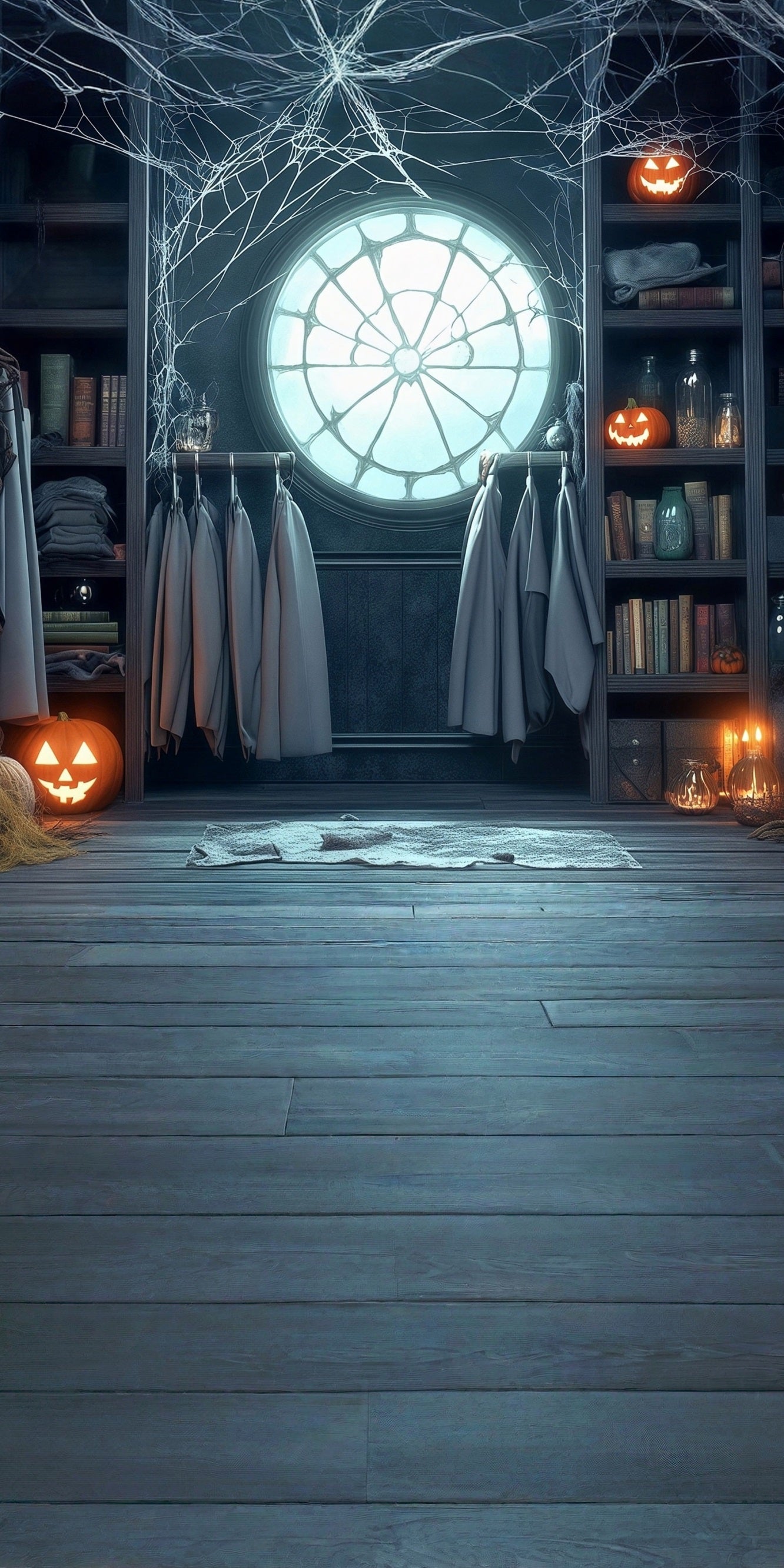 Halloween Foto Hintergrund Spinnennetz Fenster Kürbis Lichter Bücherregal Aufhänger Sweep Backdrop MRR8-42