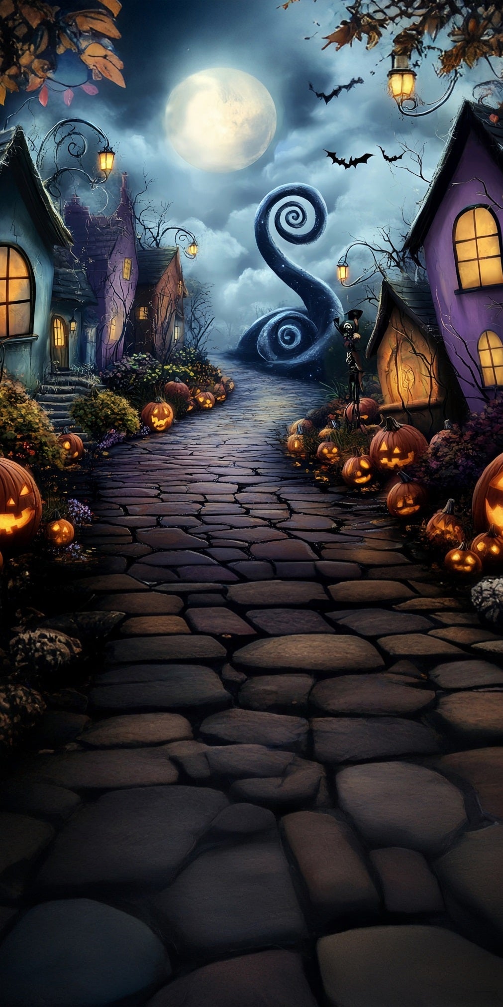 Halloween Fotokulisse Mondschein Nacht Groteske Stadt Sweep Hintergrund MRR8-43
