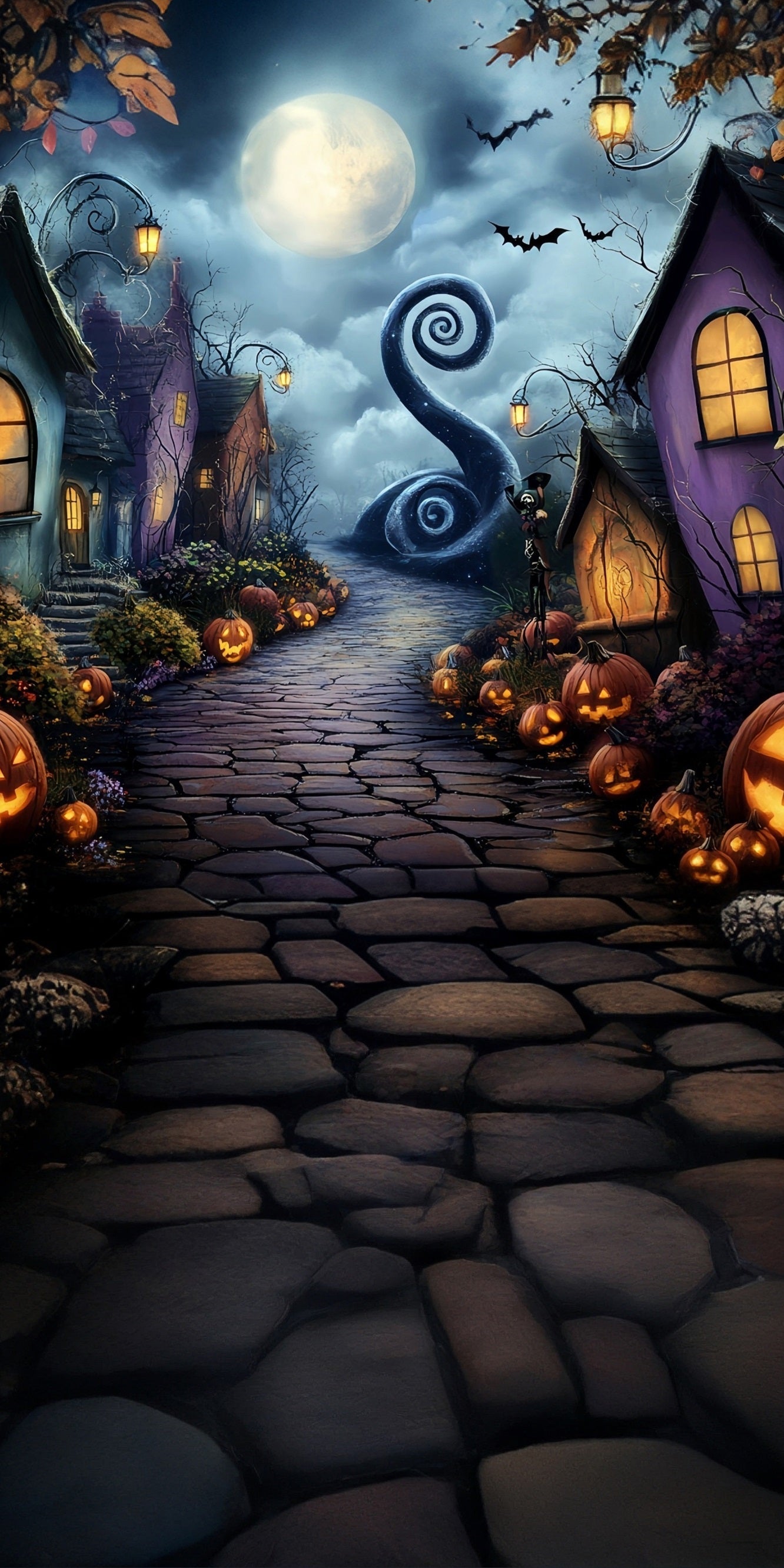 Halloween Fotokulisse Mondschein Nacht Groteske Stadt Sweep Hintergrund MRR8-43