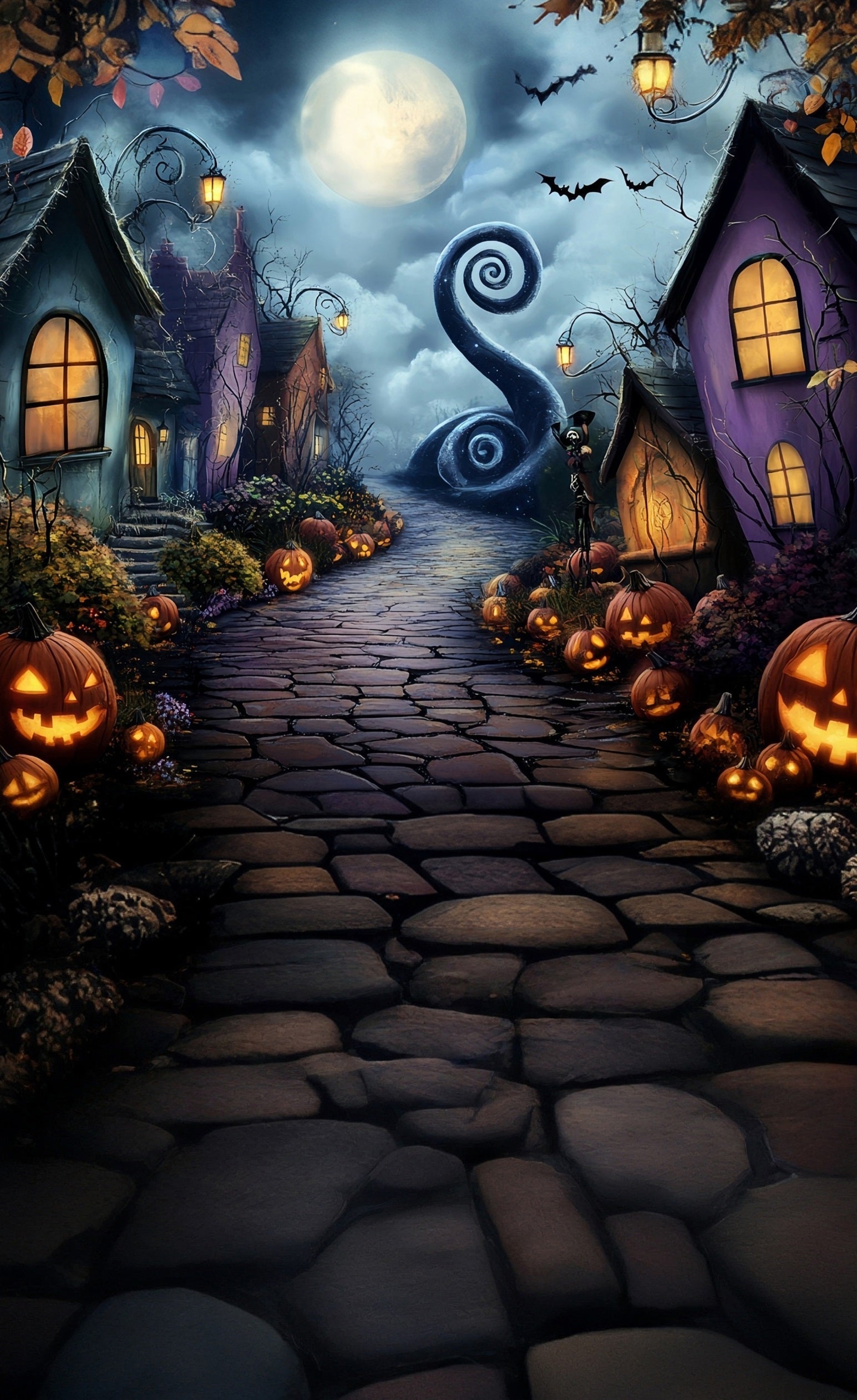 Halloween Fotokulisse Mondschein Nacht Groteske Stadt Sweep Hintergrund MRR8-43