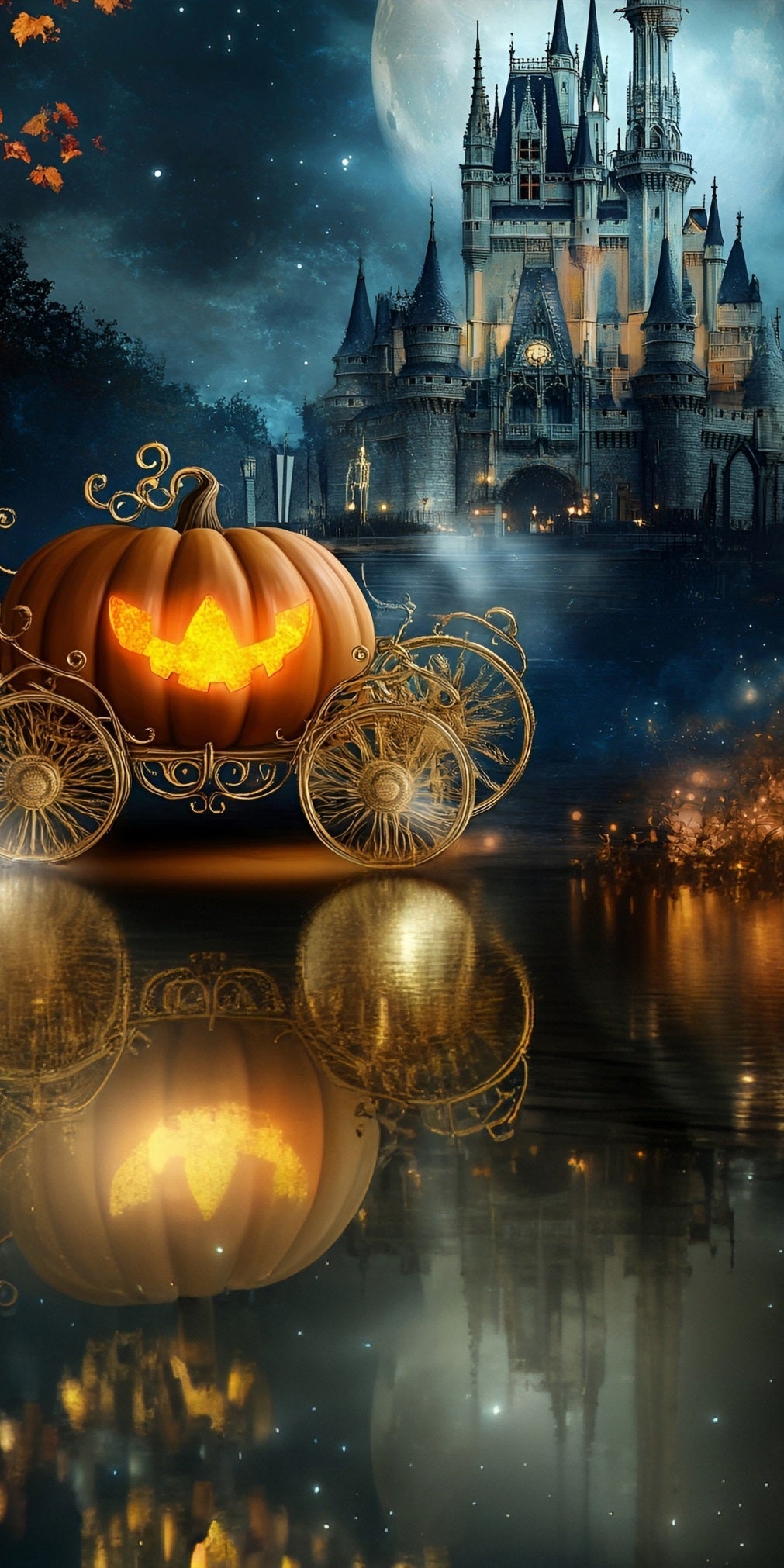 Halloween Foto Hintergrund für Fotos Kürbiskutsche Verträumte Burg See Sweep Hintergrund MRR8-44