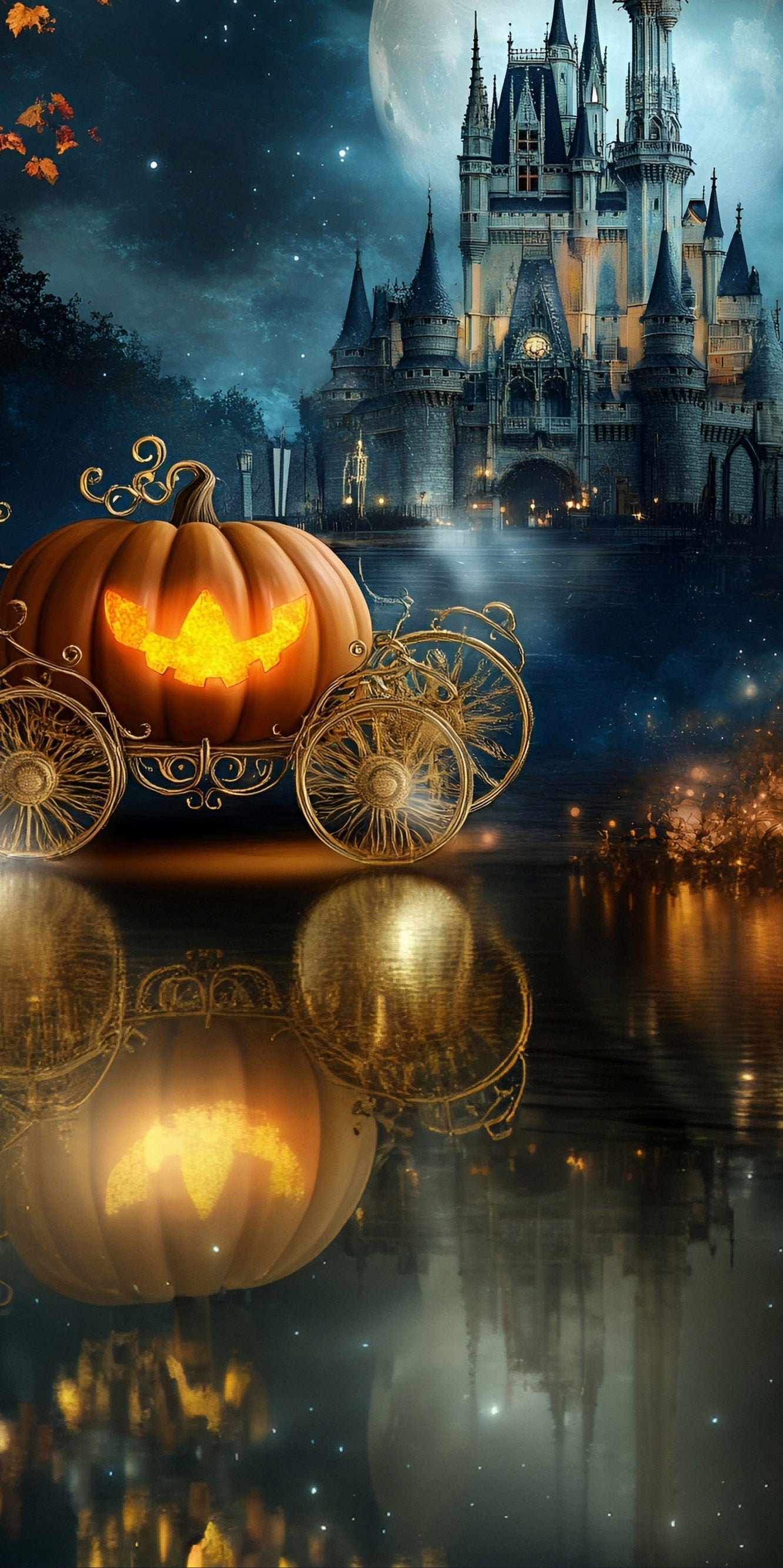Halloween Foto Hintergrund für Fotos Kürbiskutsche Verträumte Burg See Sweep Hintergrund MRR8-44