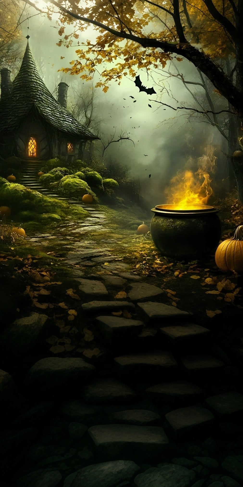 Halloweenfotokulissen Hexenhaus Rauchiger Wald Verwunschener Schmelztiegel Sweep Backdrop MRR8-47