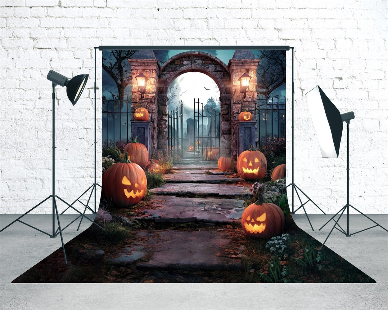 Halloween Friedhof Foto Hintergrund Kürbis Lampen Stein Backstein Friedhofstor Sweep Backdrop MRR8-53