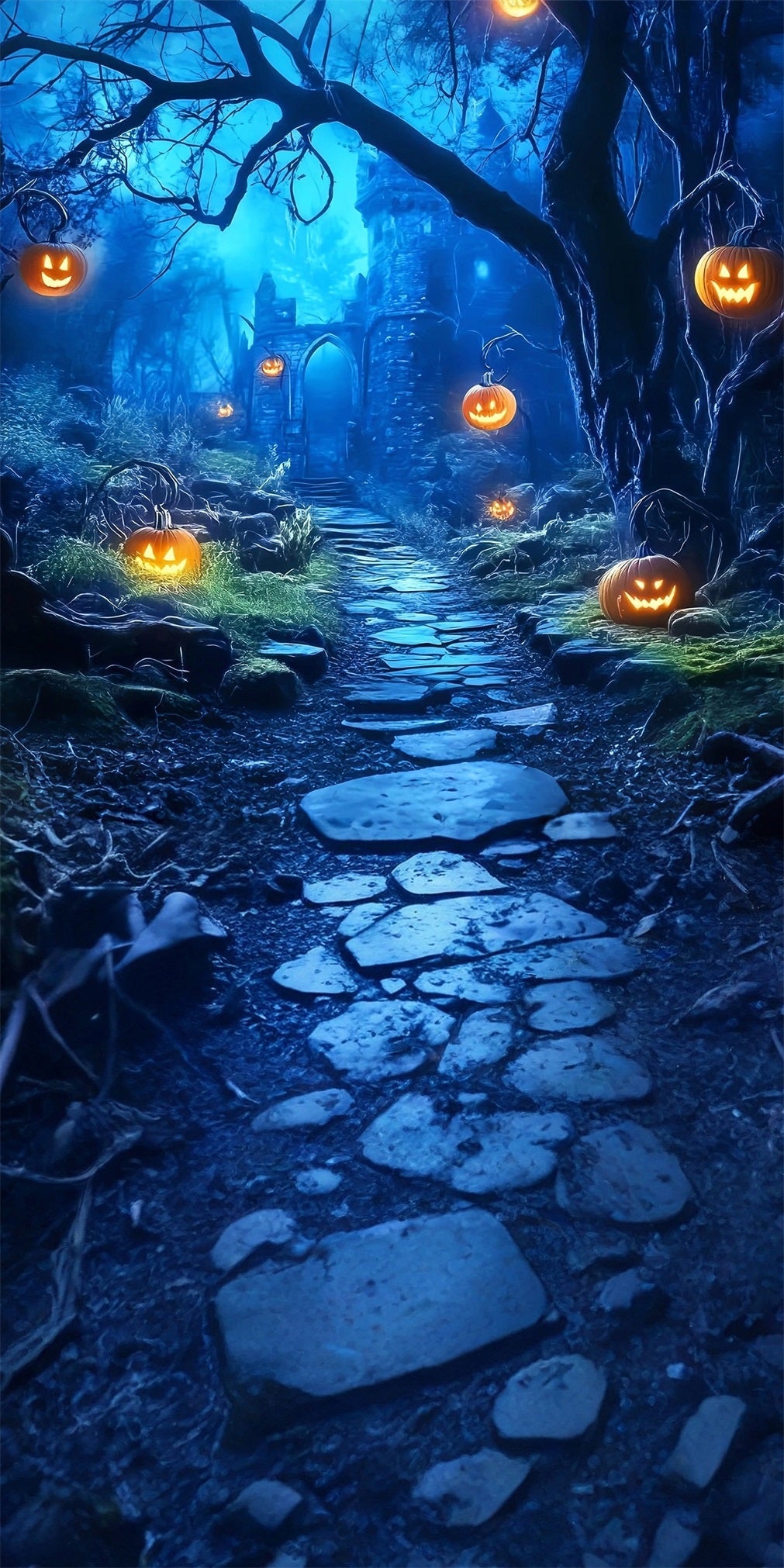 Gruselige Halloween Foto Kulissen Kürbislichter Gespenstischer Waldweg Sweep-Kulisse MRR8-58