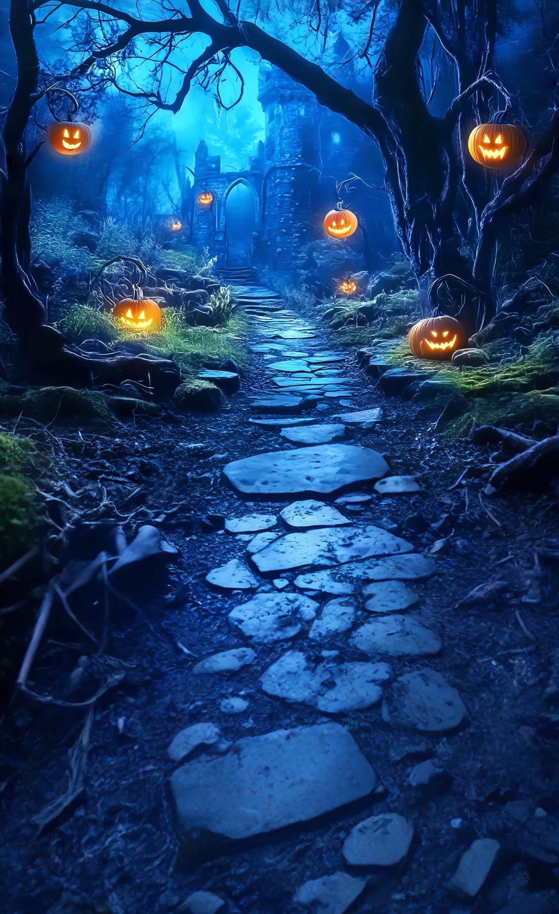 Gruselige Halloween Foto Kulissen Kürbislichter Gespenstischer Waldweg Sweep-Kulisse MRR8-58