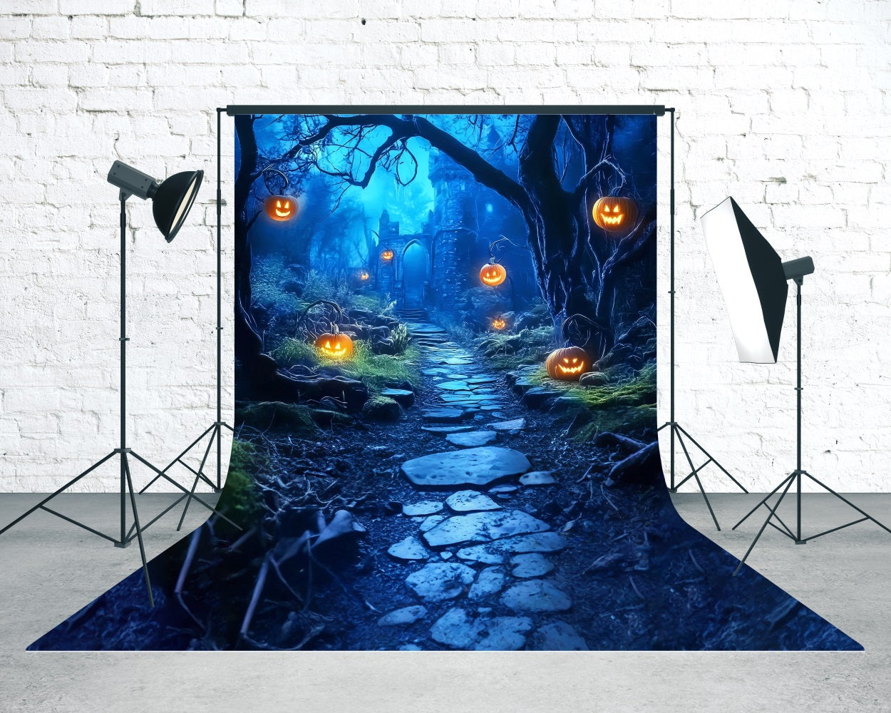 Gruselige Halloween Foto Kulissen Kürbislichter Gespenstischer Waldweg Sweep-Kulisse MRR8-58
