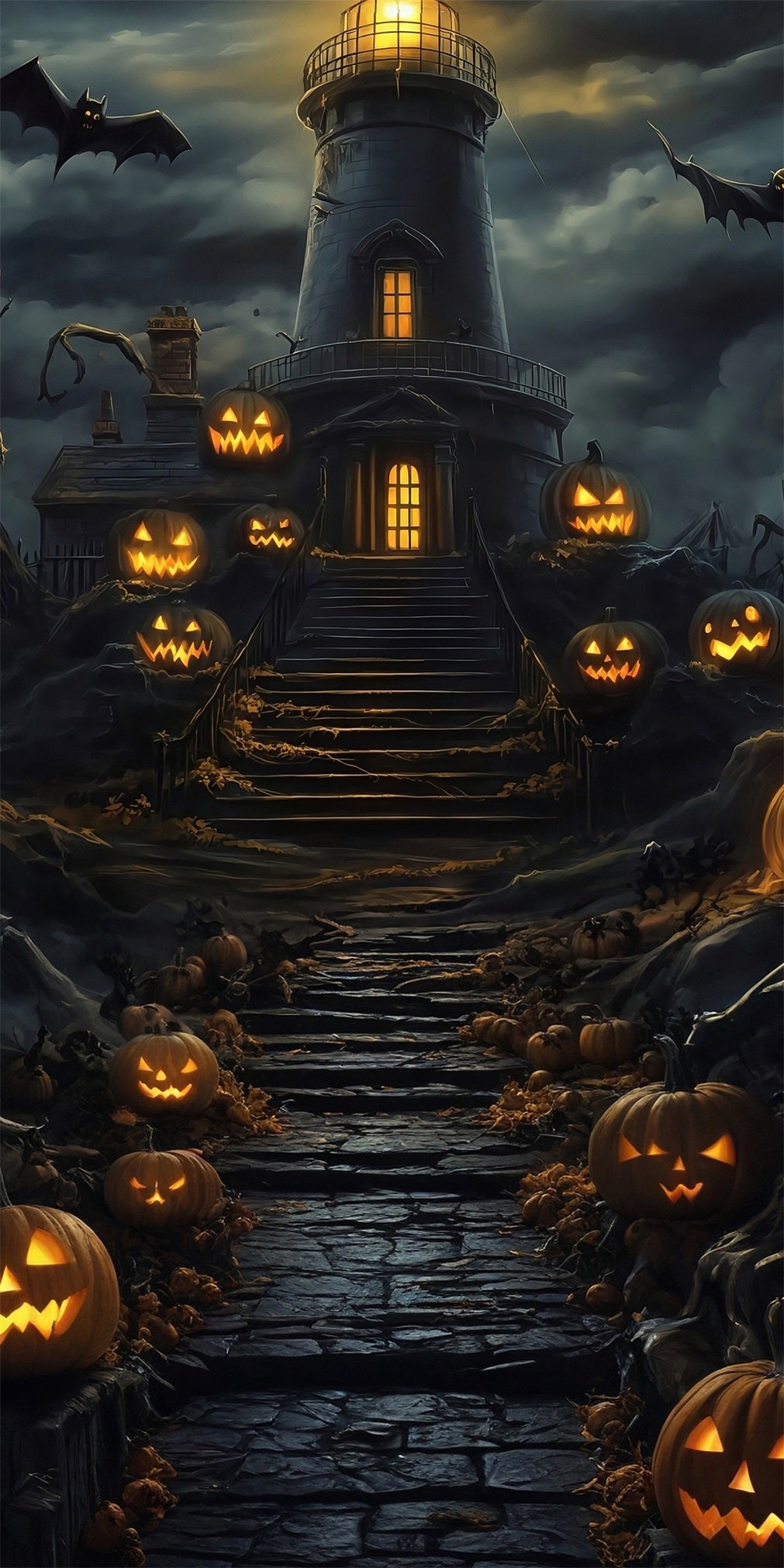 Halloween Foto Hintergrund Kürbis Lampe Stufen Dunkle Wolken Dunkle Nacht Turm Sweep Backdrop MRR8-64