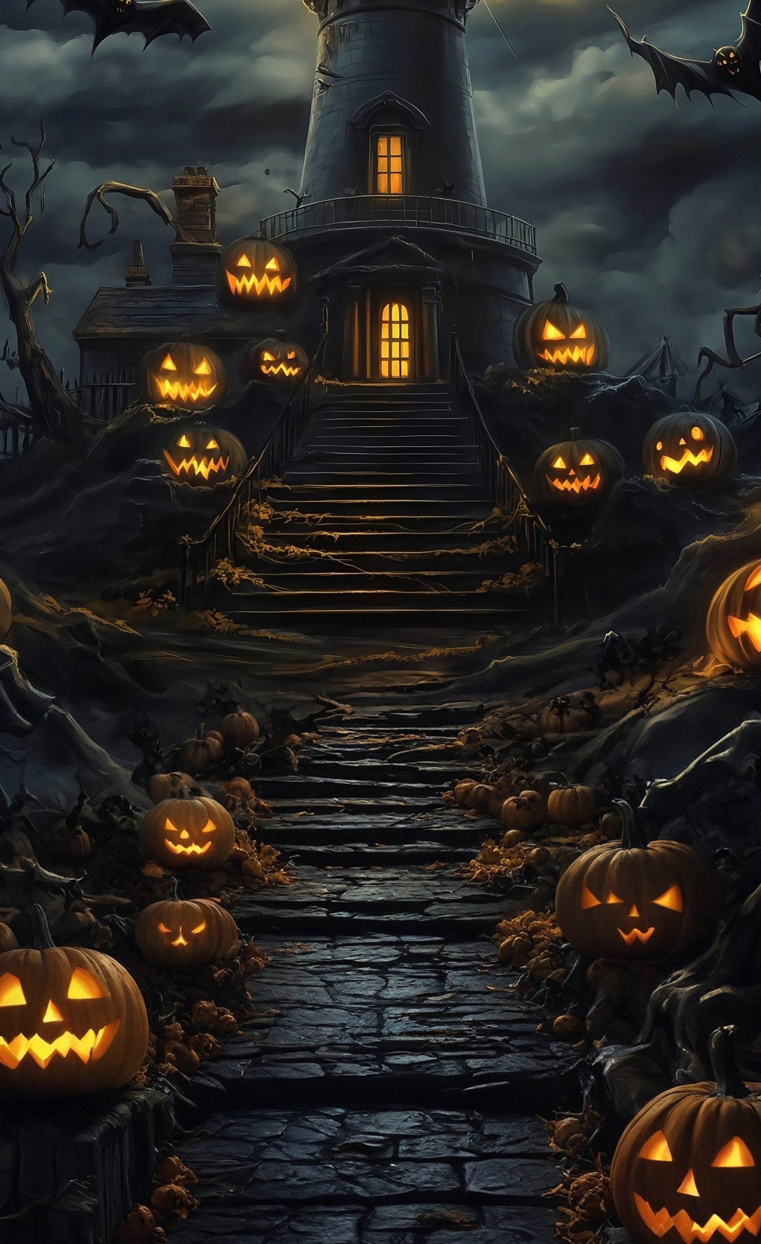 Halloween Foto Hintergrund Kürbis Lampe Stufen Dunkle Wolken Dunkle Nacht Turm Sweep Backdrop MRR8-64
