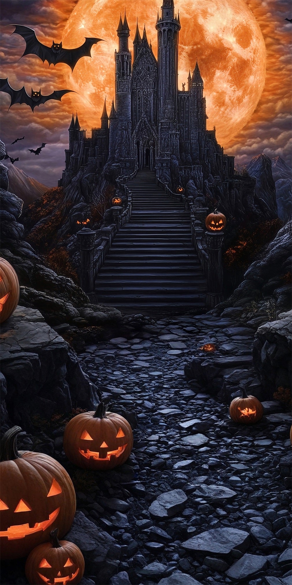 Halloween Fotohintergrund Magischer Riesenblutmond Schwarzes Schloss Sweep Backdrop MRR8-65