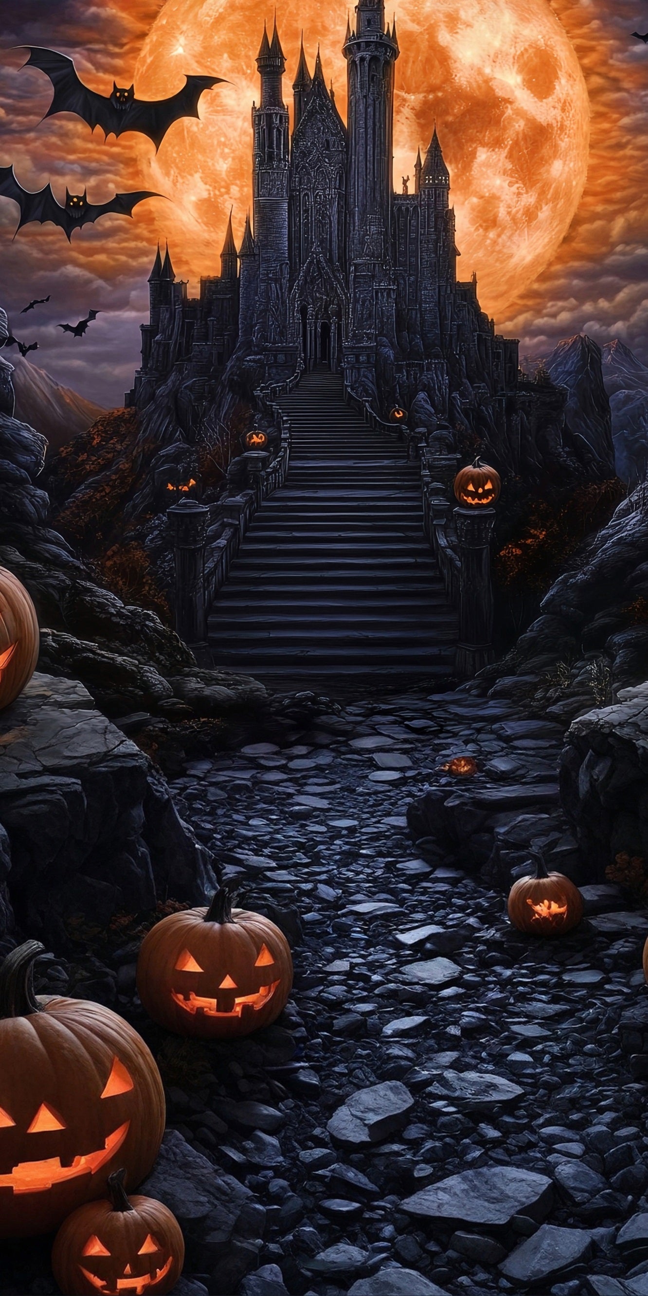 Halloween Fotohintergrund Magischer Riesenblutmond Schwarzes Schloss Sweep Backdrop MRR8-65