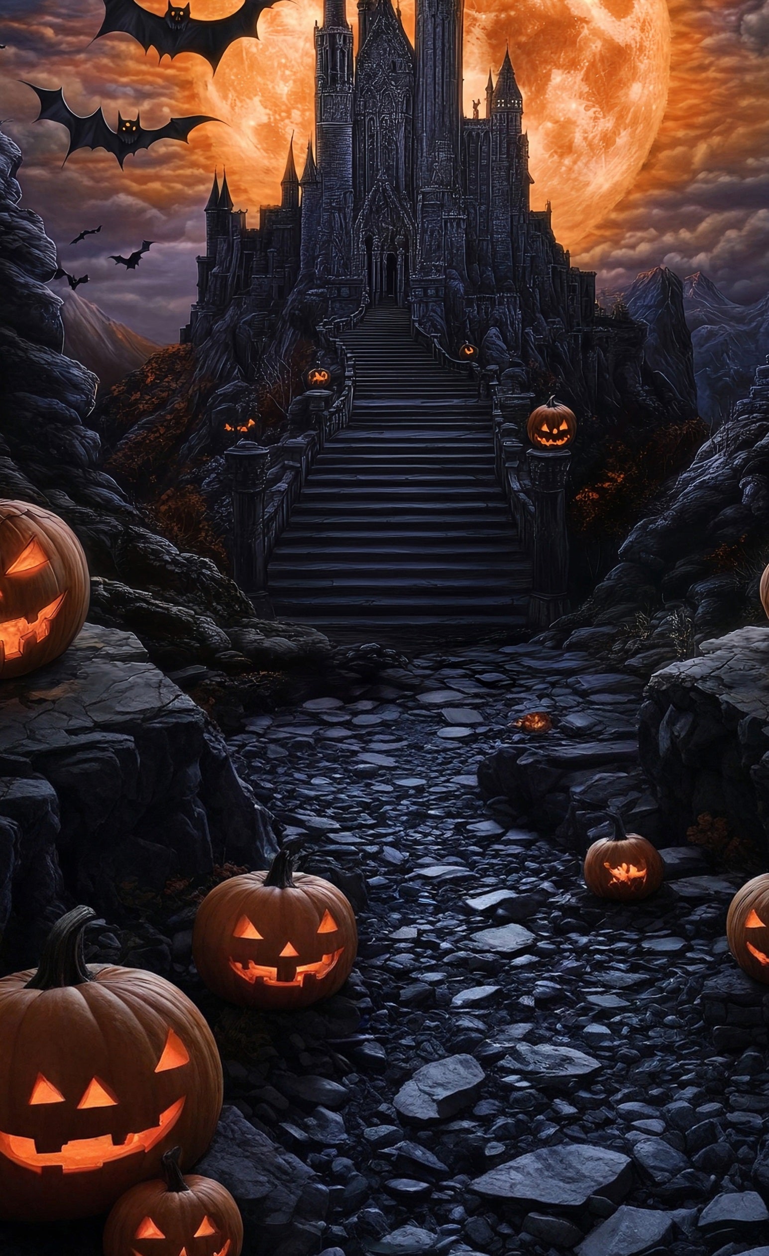 Halloween Fotohintergrund Magischer Riesenblutmond Schwarzes Schloss Sweep Backdrop MRR8-65
