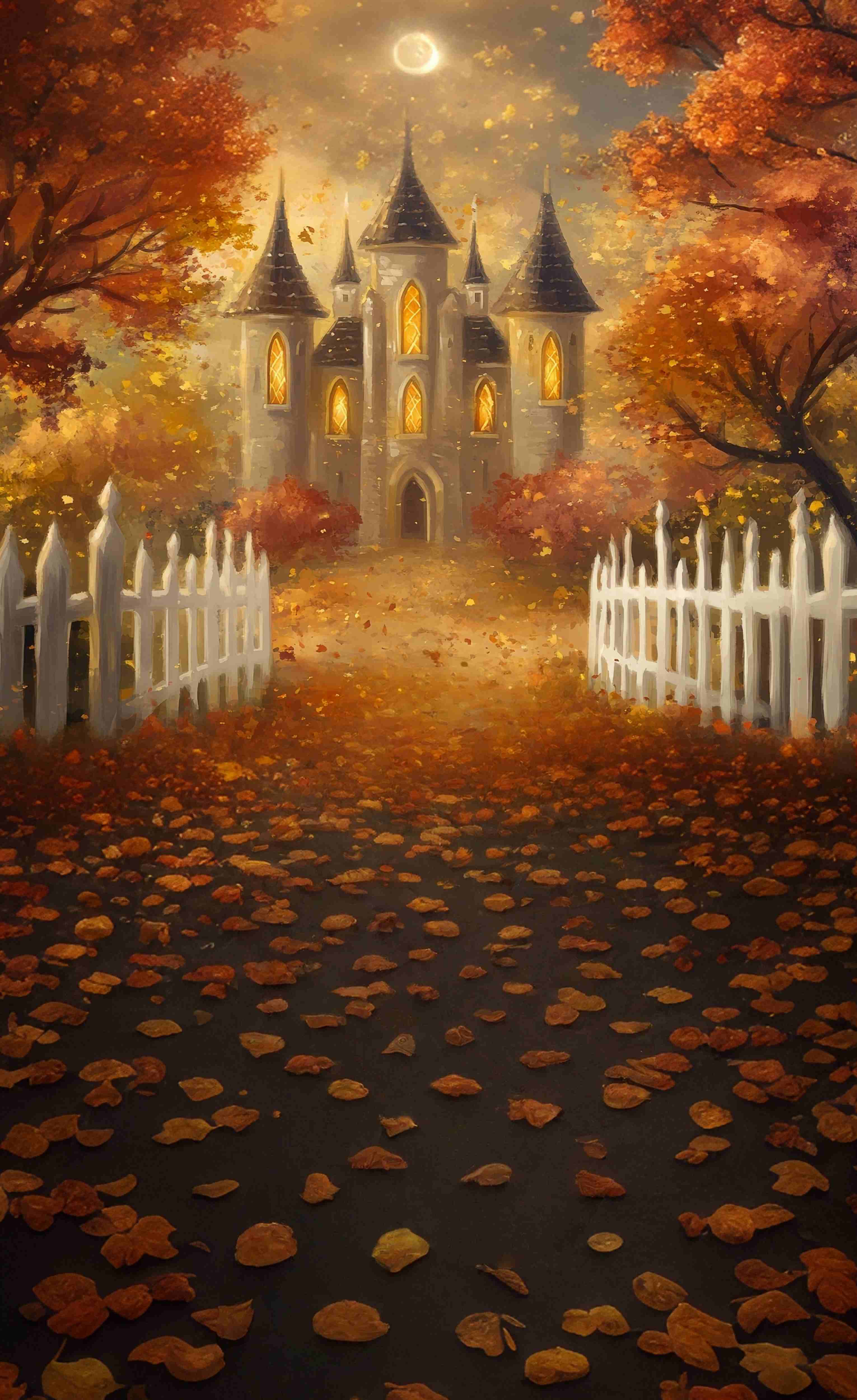 Herbst-Fotohintergrundbilder für Fotografie Autumn Castle Moonlit Leaves Sweep Backdrop MRR8-76
