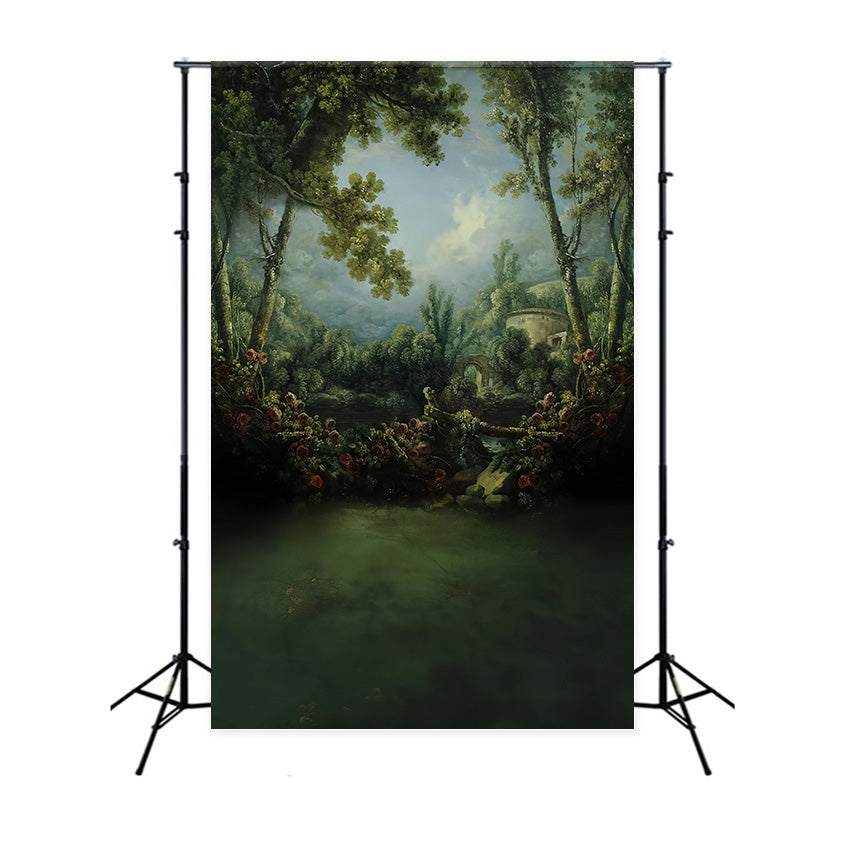 Wald-Fotohintergrund Romantischer Garten Steinbrücke Magischer Wald-Fotohintergrund MRR9-101