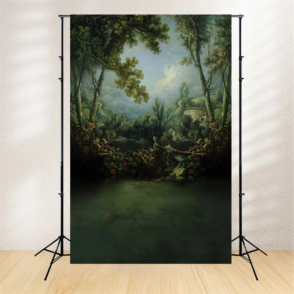 Wald-Fotohintergrund Romantischer Garten Steinbrücke Magischer Wald-Fotohintergrund MRR9-101