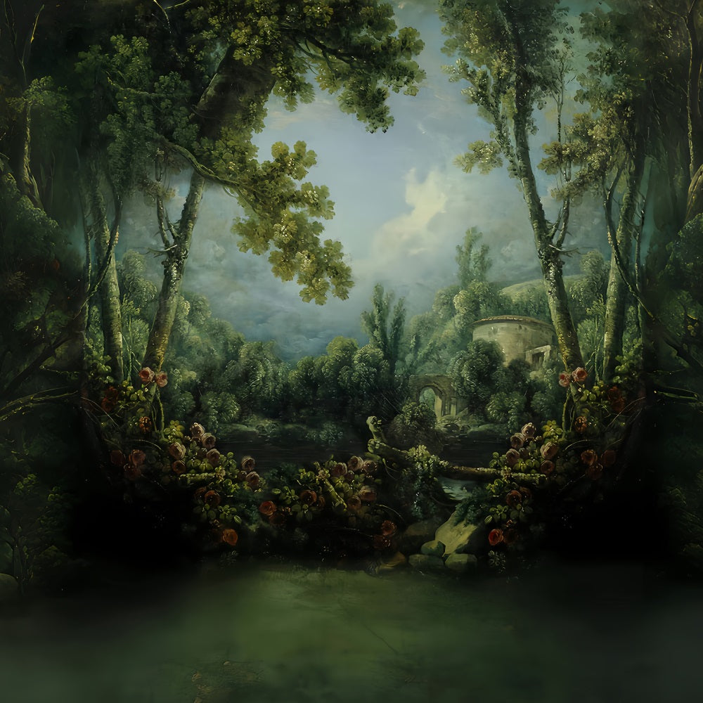 Wald-Fotohintergrund Romantischer Garten Steinbrücke Magischer Wald-Fotohintergrund MRR9-101