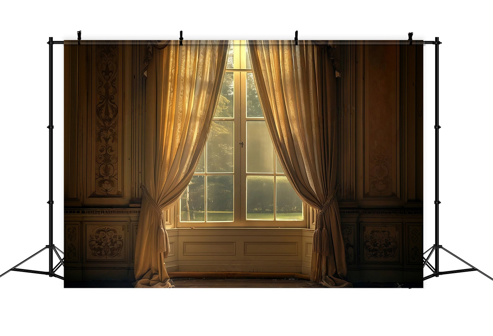 Vintage-Fotohintergrund Goldene Vorhänge Umrahmen sonnenbeschienene Fenster Antiker Fotohintergrund MRR9-103