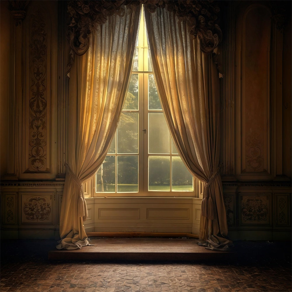 Vintage-Fotohintergrund Goldene Vorhänge Umrahmen sonnenbeschienene Fenster Antiker Fotohintergrund MRR9-103