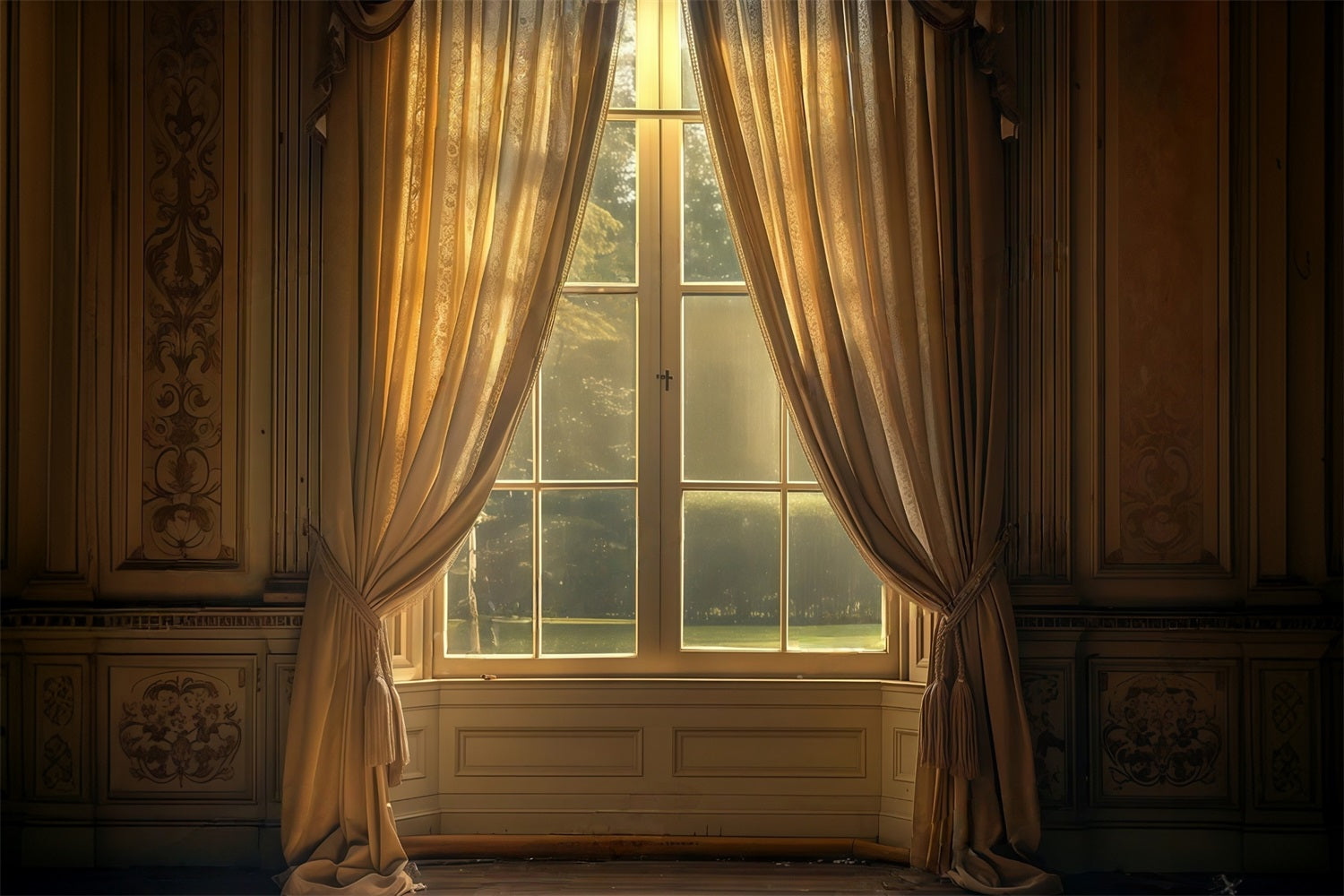 Vintage-Fotohintergrund Goldene Vorhänge Umrahmen sonnenbeschienene Fenster Antiker Fotohintergrund MRR9-103