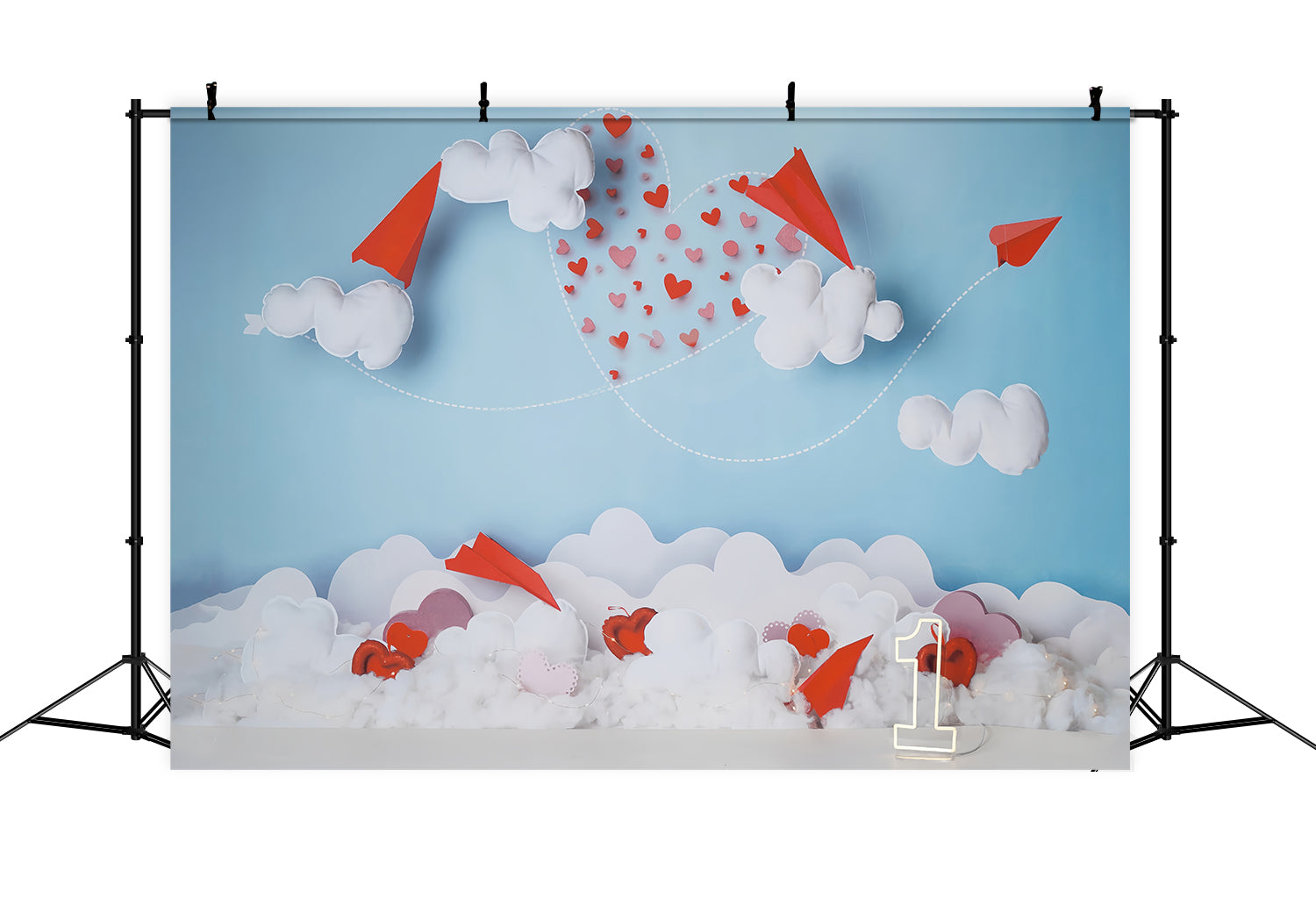 Valentinstag-Fotohintergrund Papierflieger Wolken Herzspur Valentinstag-Fotohintergrund MRR9-104