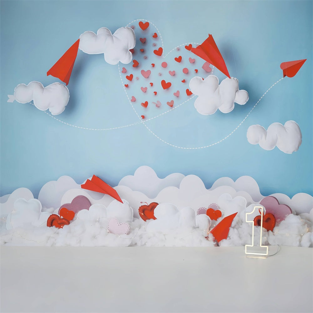 Valentinstag-Fotohintergrund Papierflieger Wolken Herzspur Valentinstag-Fotohintergrund MRR9-104