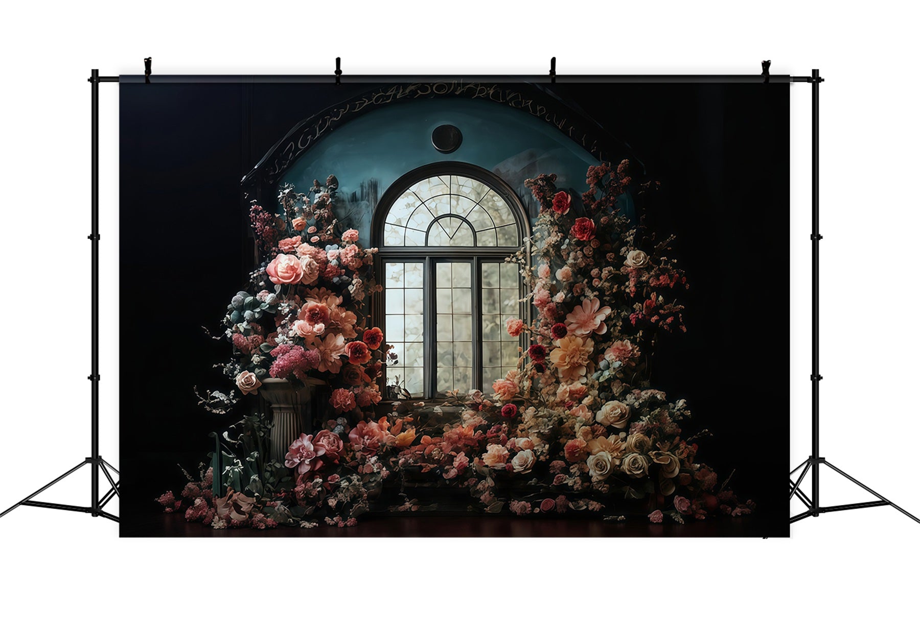 Blumenhintergrund Bogenfenster umgeben von Blumen Vintage-Fotohintergrund MRR9-106