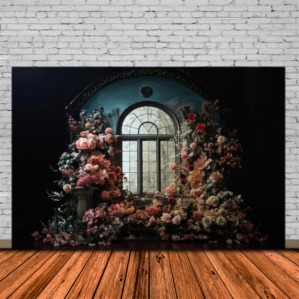 Blumenhintergrund Bogenfenster umgeben von Blumen Vintage-Fotohintergrund MRR9-106