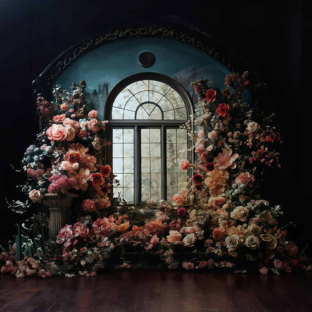 Blumenhintergrund Bogenfenster umgeben von Blumen Vintage-Fotohintergrund MRR9-106
