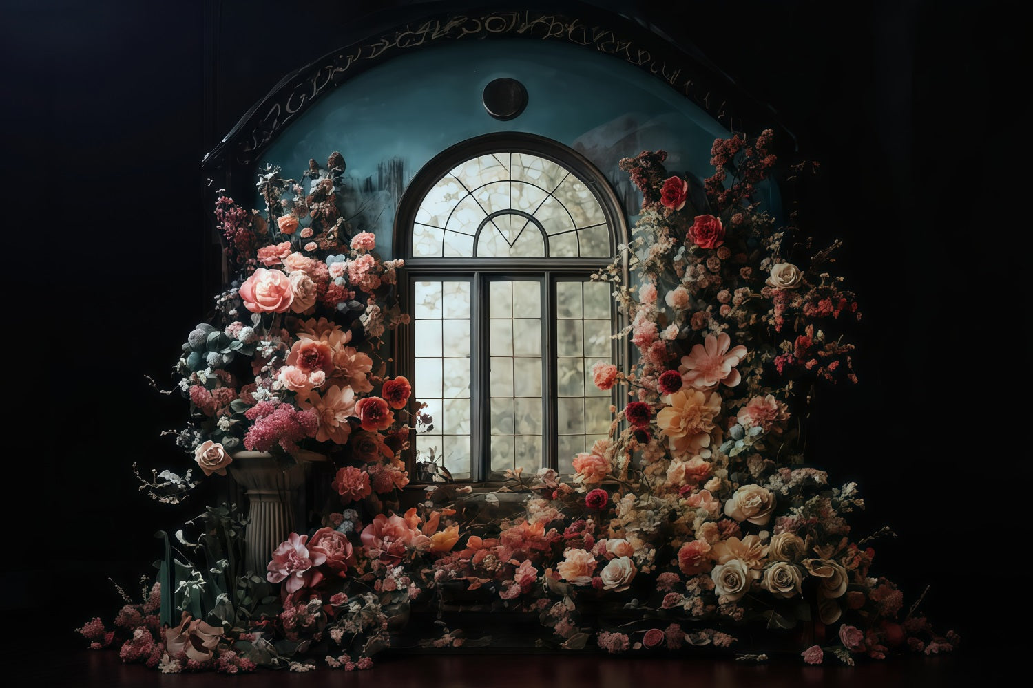 Blumenhintergrund Bogenfenster umgeben von Blumen Vintage-Fotohintergrund MRR9-106