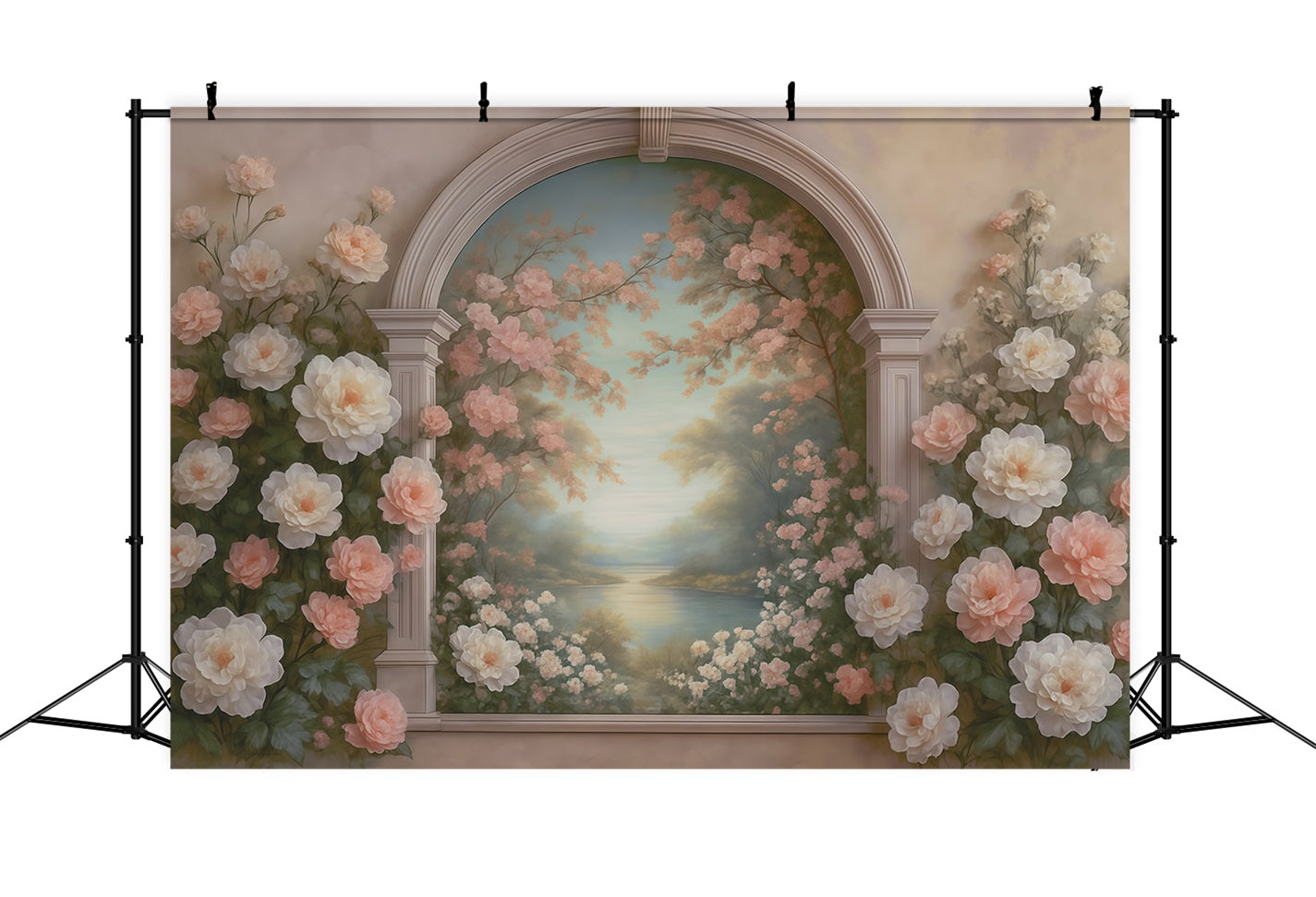 Vintage-Wandhintergrund Pastellfarbener Blumenbogen See Antiker Fotohintergrund MRR9-107
