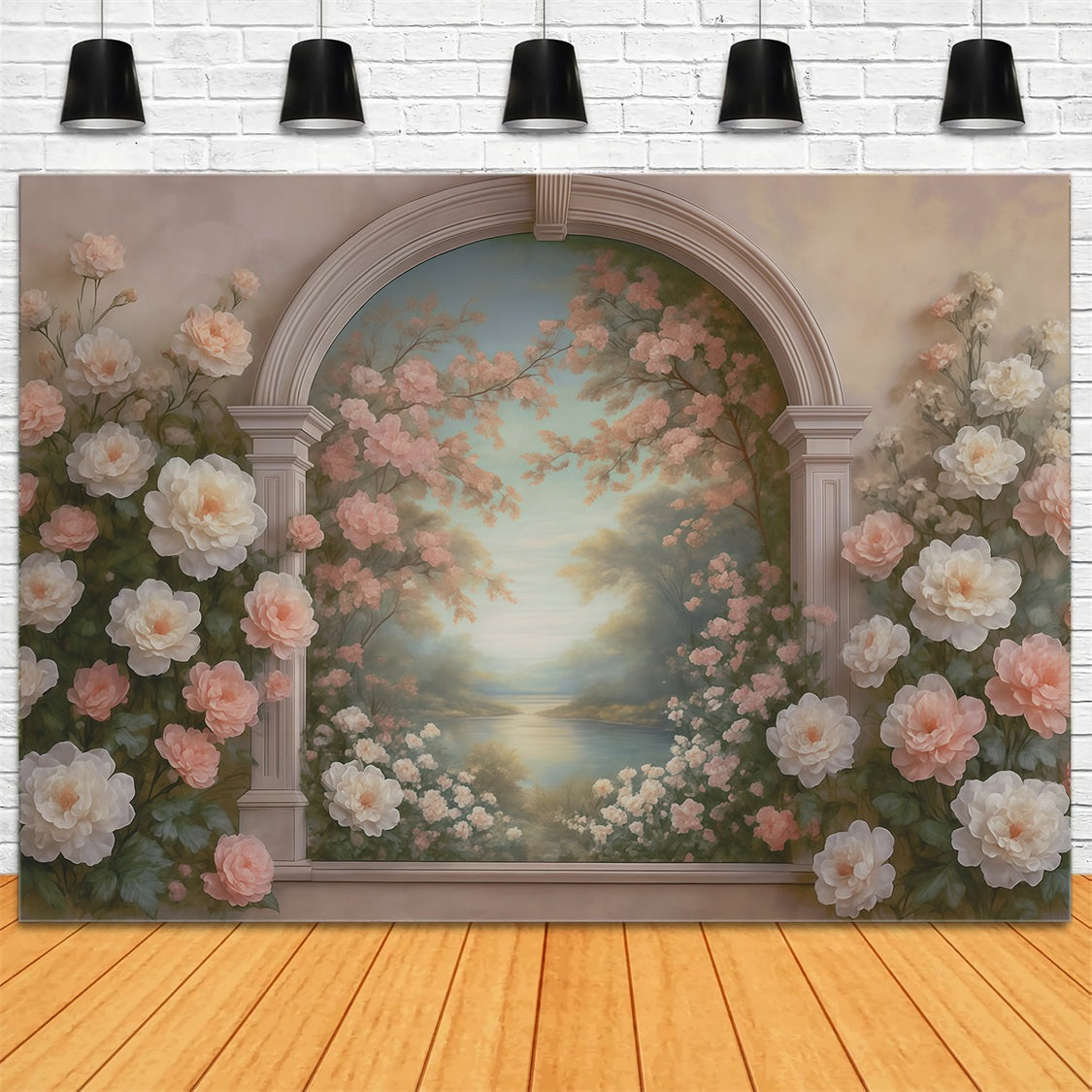 Vintage-Wandhintergrund Pastellfarbener Blumenbogen See Antiker Fotohintergrund MRR9-107