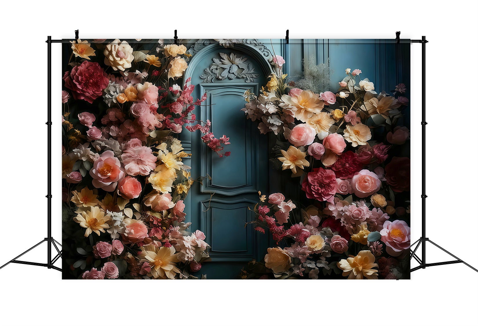 Blumen-Fotohintergrund Blaue Tür Blühende Blumen Blumenhintergrund MRR9-123