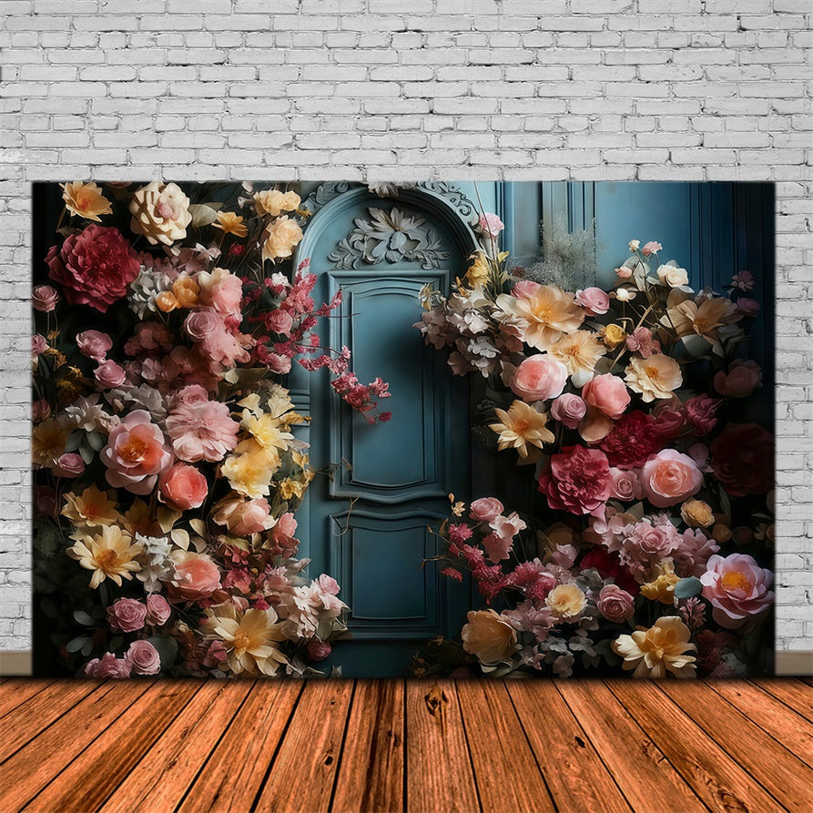 Blumen-Fotohintergrund Blaue Tür Blühende Blumen Blumenhintergrund MRR9-123