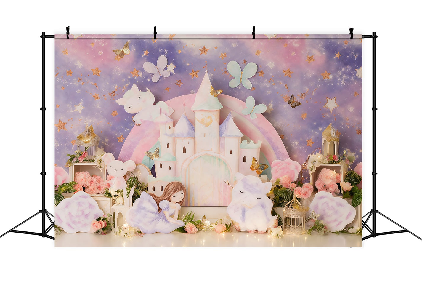 Prinzessinnenschloss-Fotohintergrund Verträumtes Pastell-Feenschloss Kinderhintergründe MRR9-126