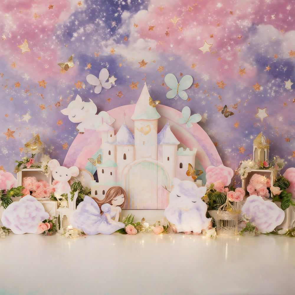 Prinzessinnenschloss-Fotohintergrund Verträumtes Pastell-Feenschloss Kinderhintergründe MRR9-126