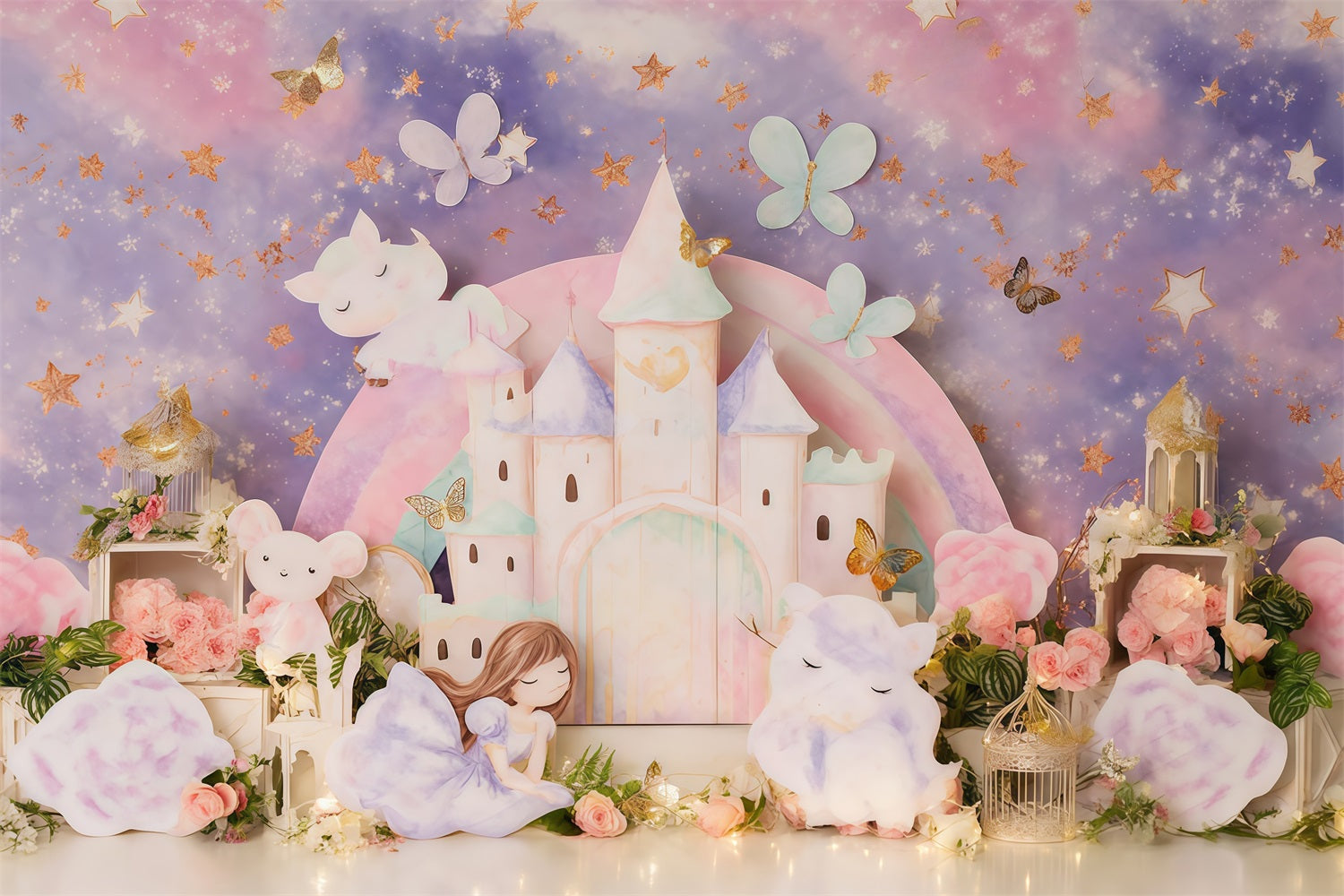 Prinzessinnenschloss-Fotohintergrund Verträumtes Pastell-Feenschloss Kinderhintergründe MRR9-126